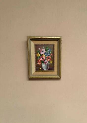 Oil on Canvas Laid on Panel “ Vase” by Sascher, Vintage & Framed 22×27cm
