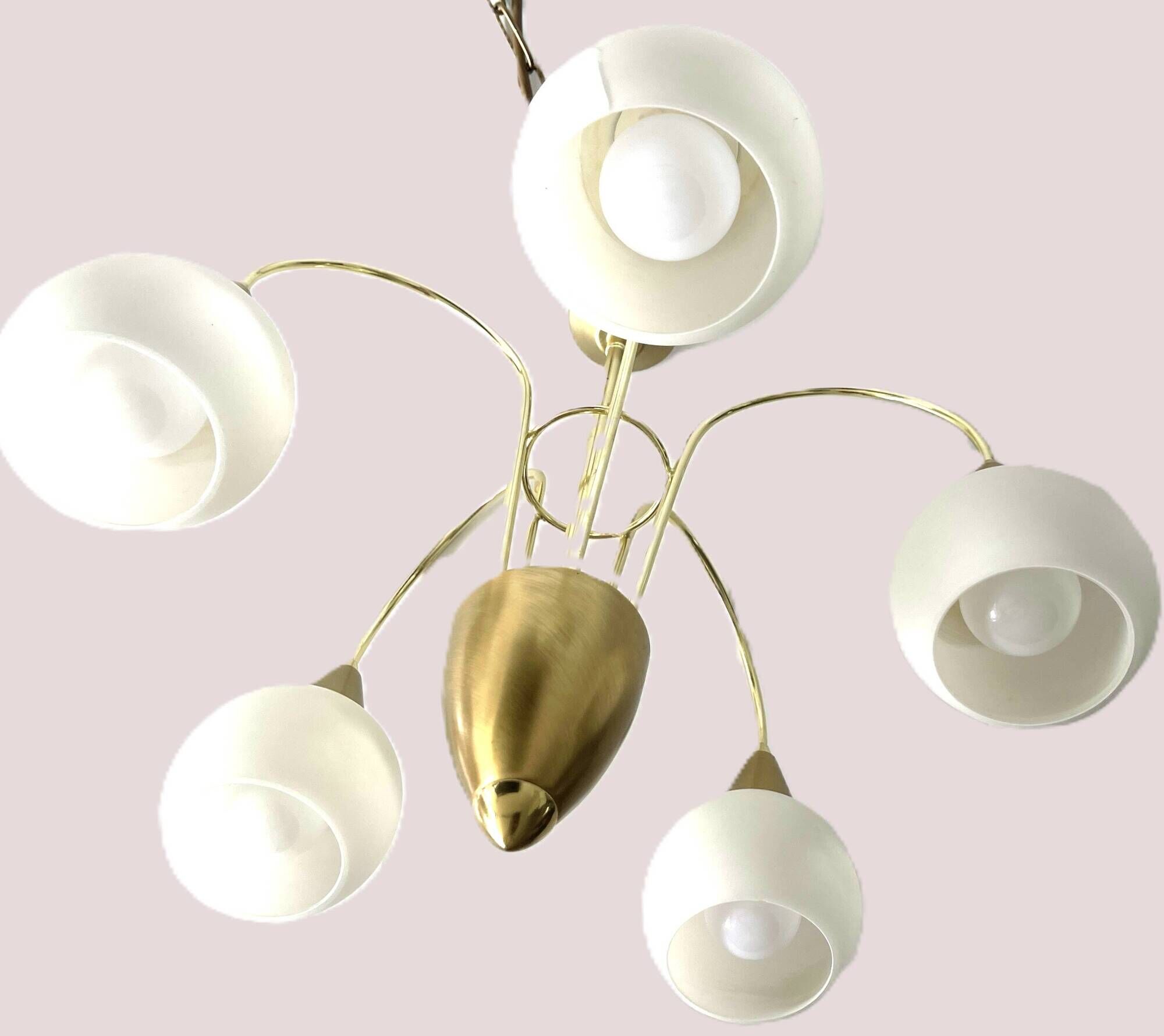 Mid Century Suspension, 5 globes in brass and opal glass, Honsel Leuchten