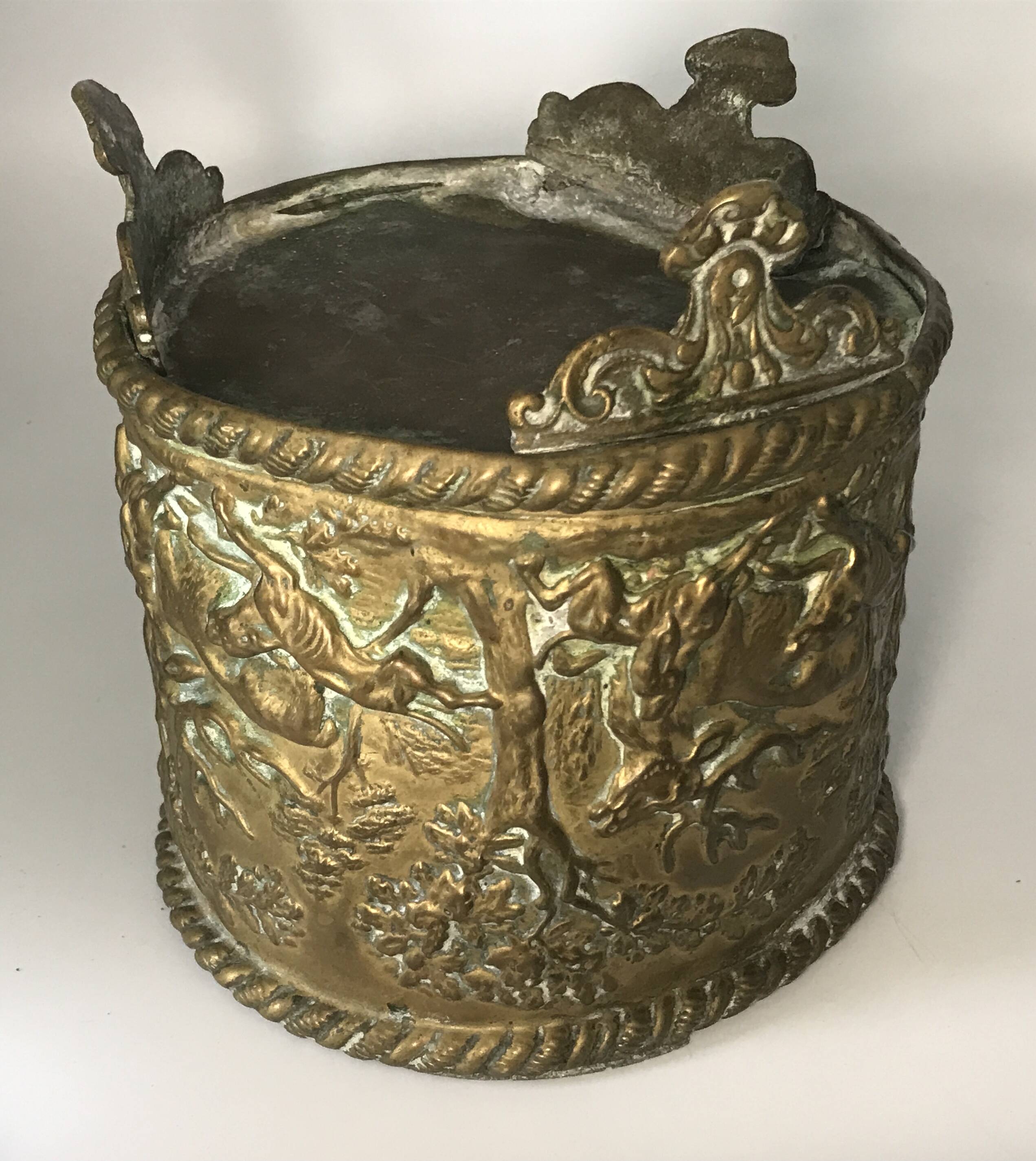 Antique Napoleon III Brass Planter with Embossed Hunting Scene Decor