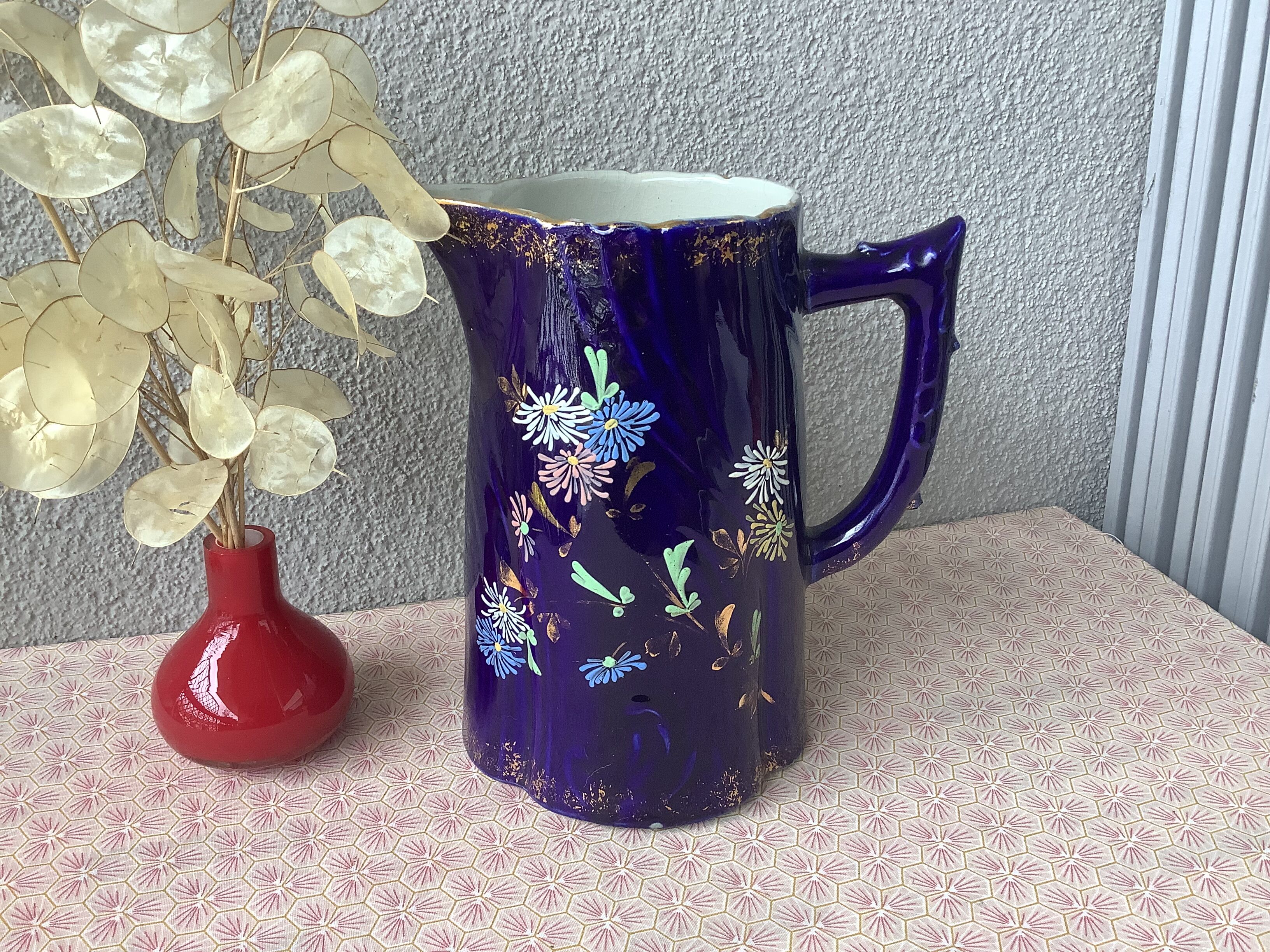 Cobalt blue pitcher Napoleon III enamelled decoration