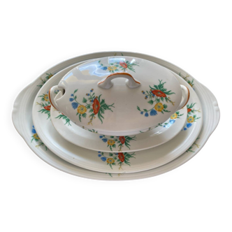 Set of 2 serving dishes and 1 sauce boat, antique Limoges porcelain