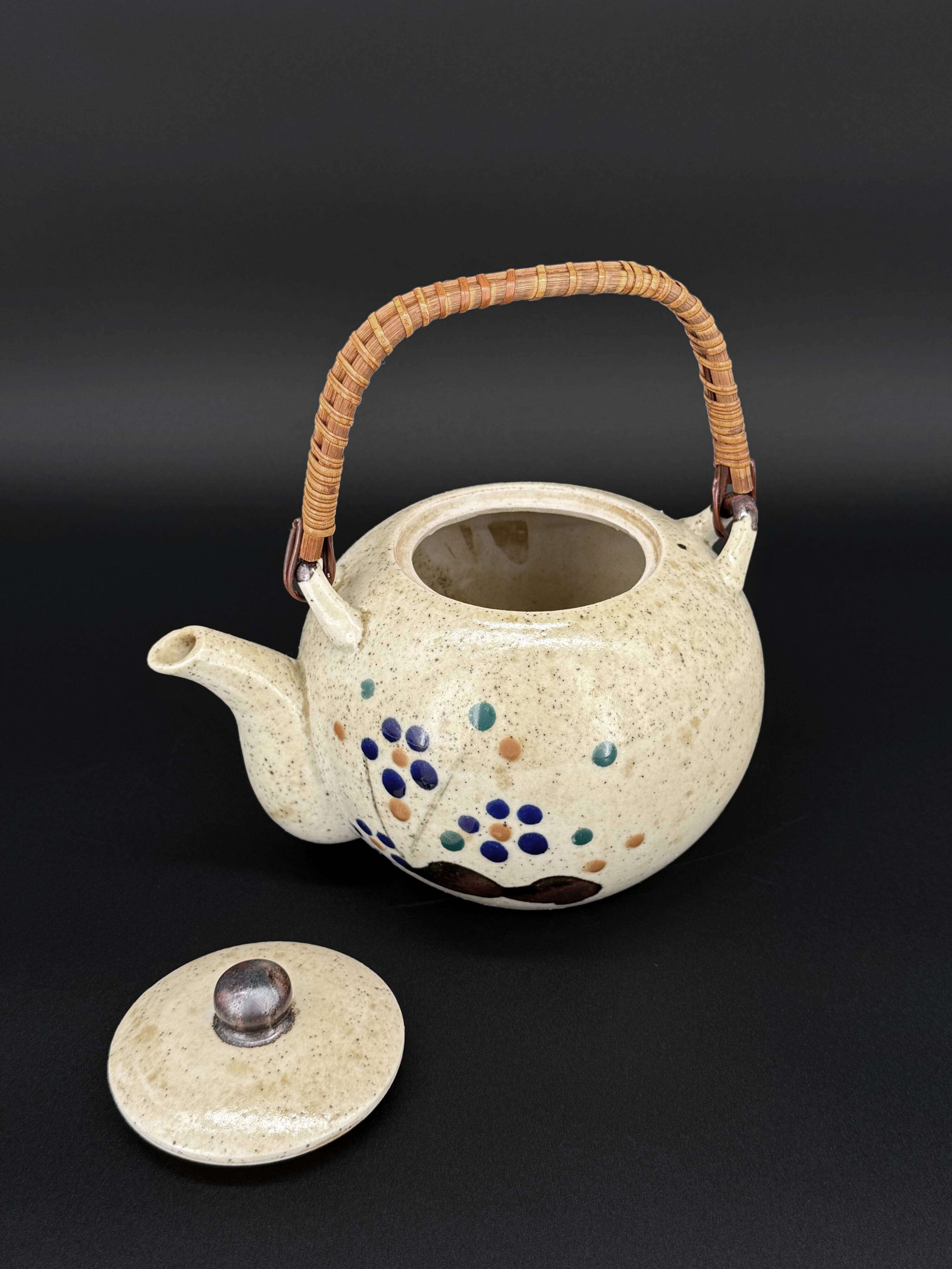 Vintage Japanese speckled stoneware teapot with bamboo handle