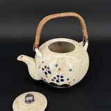 Vintage Japanese speckled stoneware teapot with bamboo handle