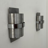 Pair of vintage wall lights, brushed metal and chrome, France 1970