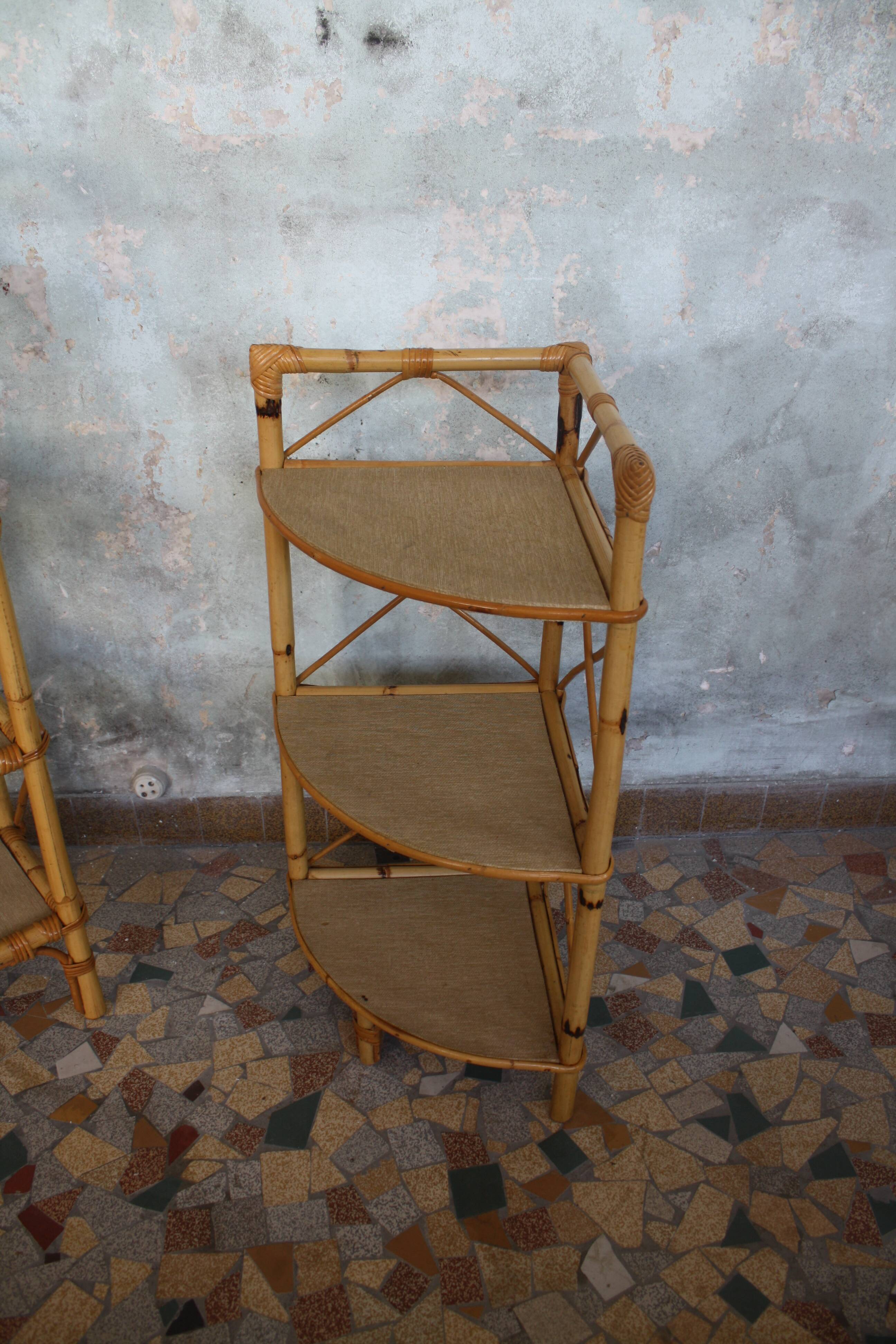 Pair of rattan shelves including a corner shelf