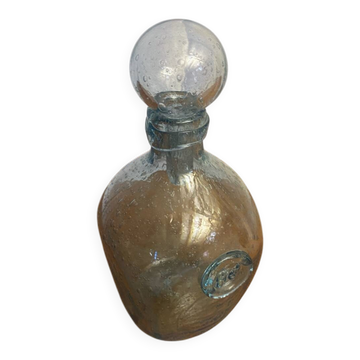 Bouteille ancienne Biot verre soufflé bullé bleu + bouchon vintage