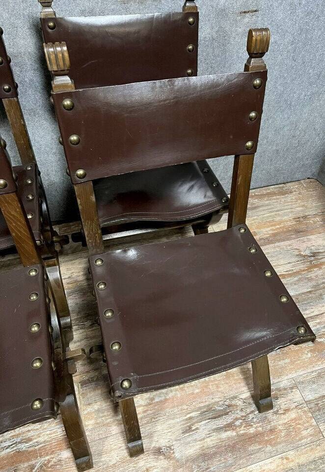 Set of 6 Renaissance style chairs in solid wood and leather, 19th century, circa 1850