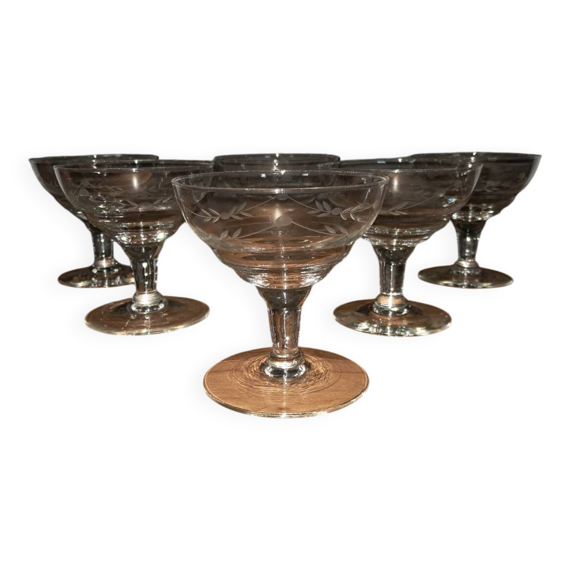 6 coupes à champagne gravées, années 30-40