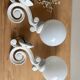 Antique enamelled cast iron wall lights / opaline globe