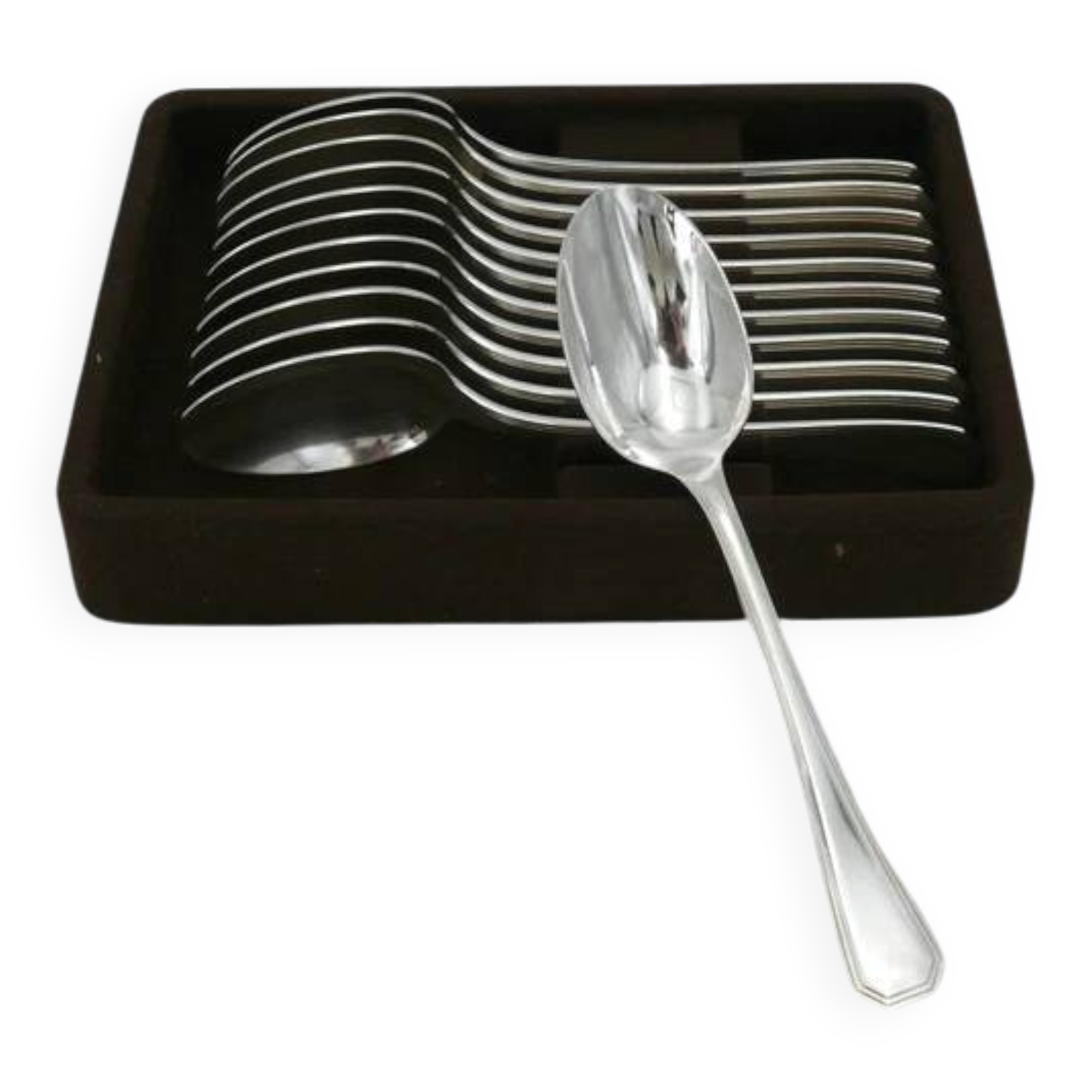 Set of 12 silver-plated metal table spoons Christofle Amérique, Art Deco, 20.5 cm.
