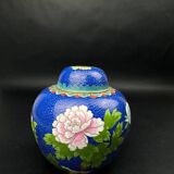 Chinese cloisonné vase decorated with peonies on a blue background, height 15 cm
