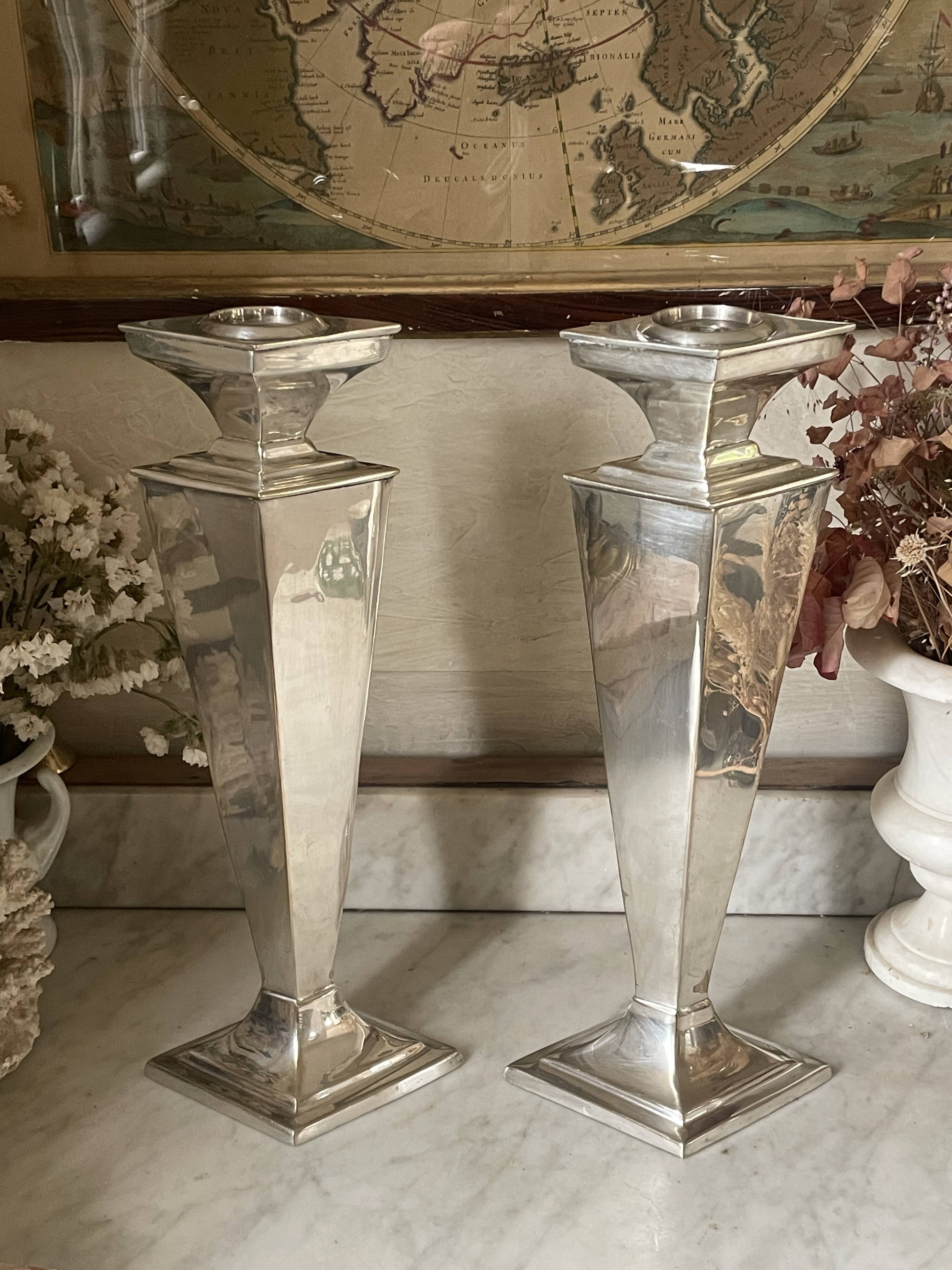 Pair of Art Deco silver-plated candlesticks 38.5cm