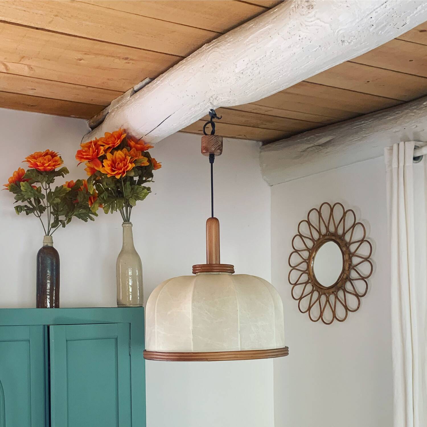 Vintage leather and rattan pendant light