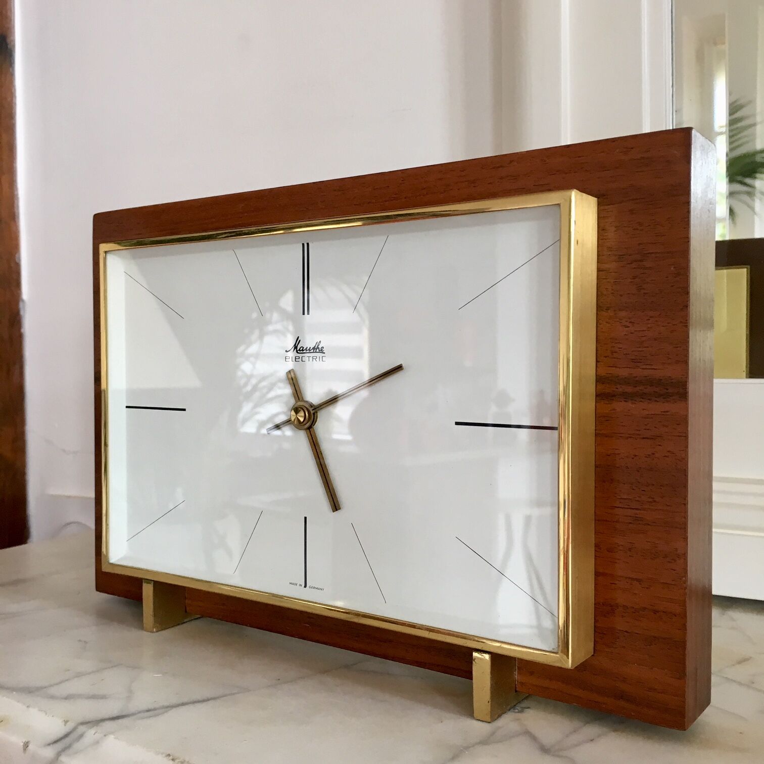 Modernist West German Glass and Brass Wood Clock 1960