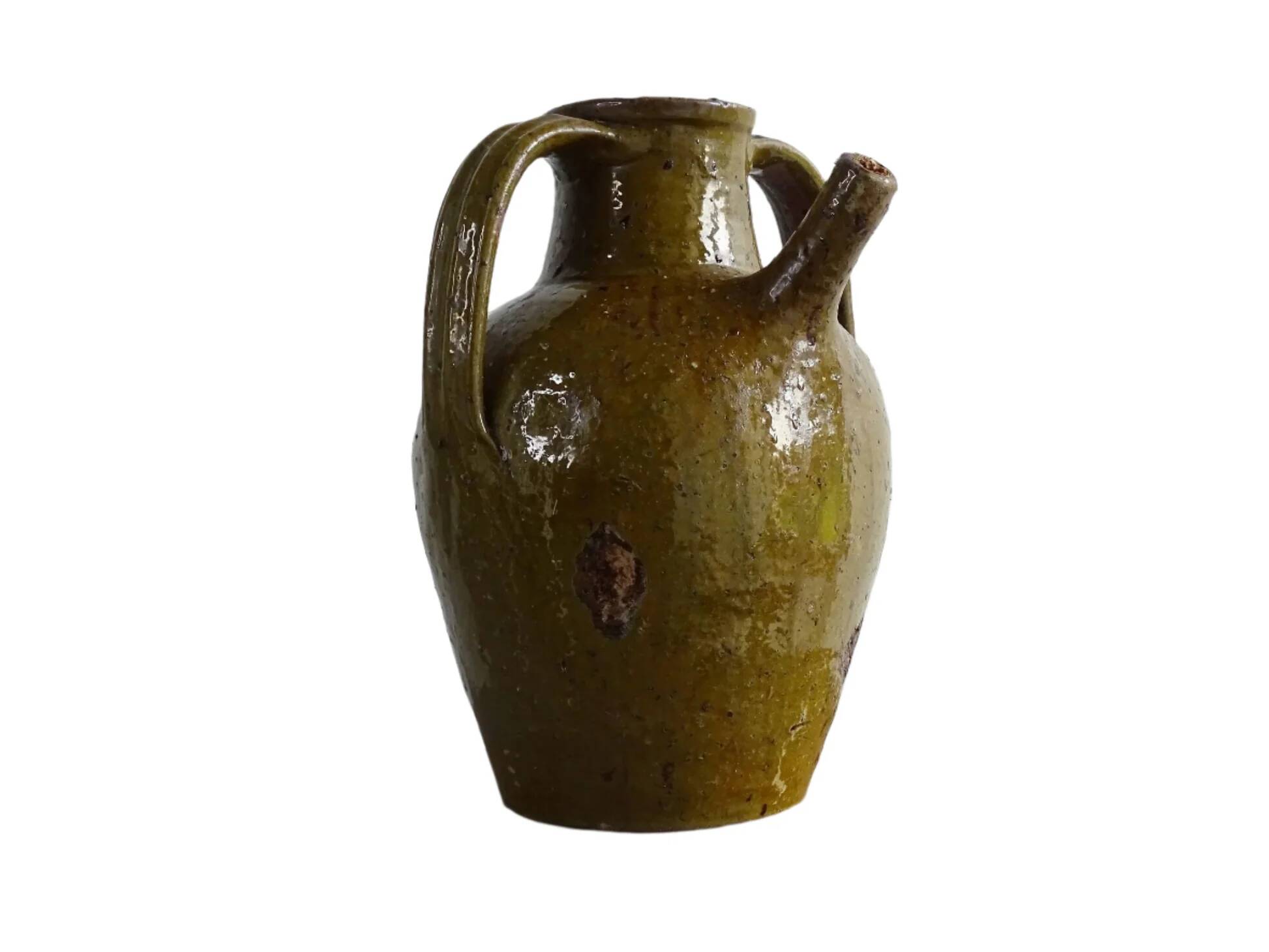 Huilerie ancienne française en terre cuite à noyer et glaçure verte