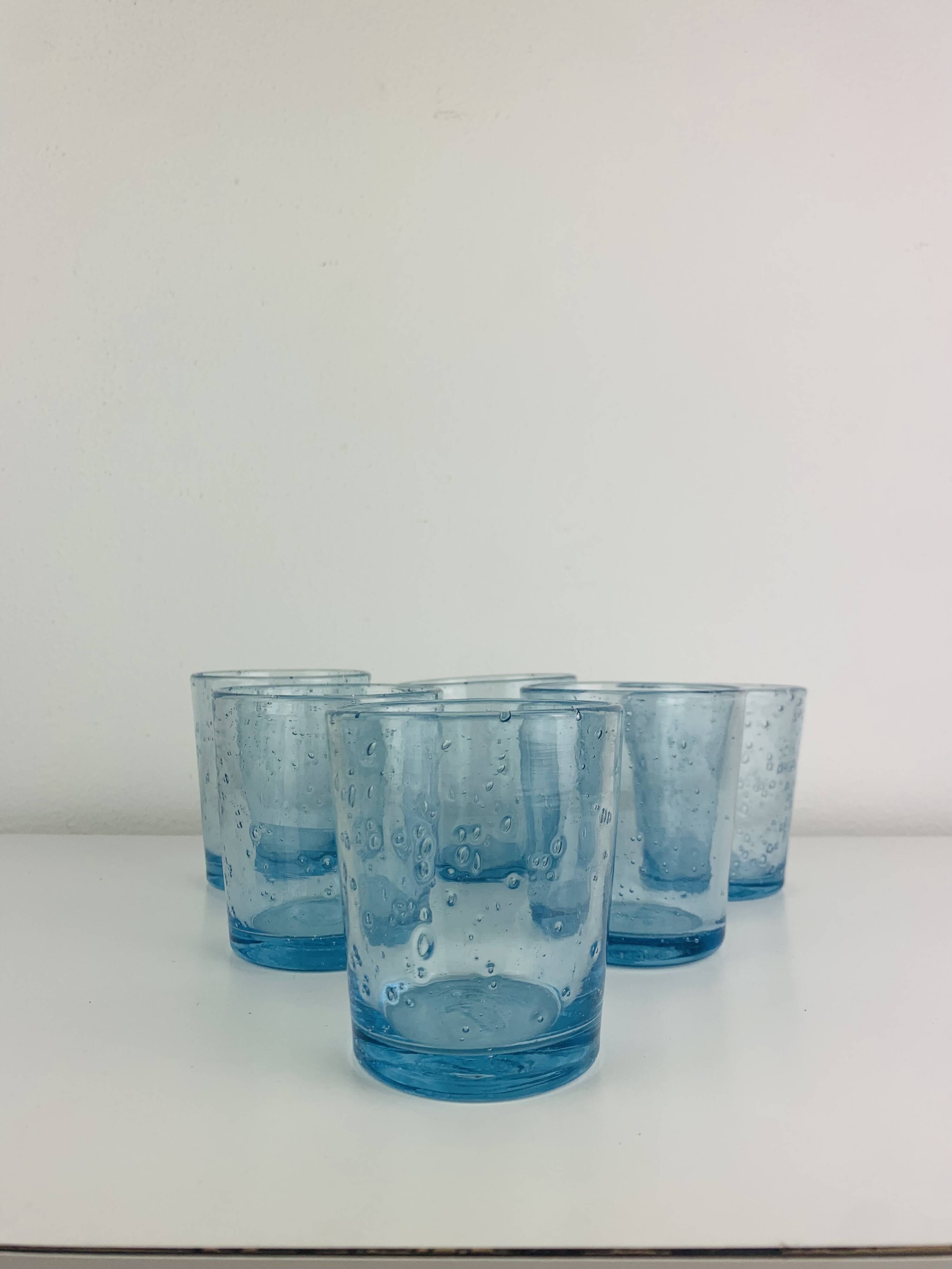 6 vintage blue bubble glass water glasses from Biot.