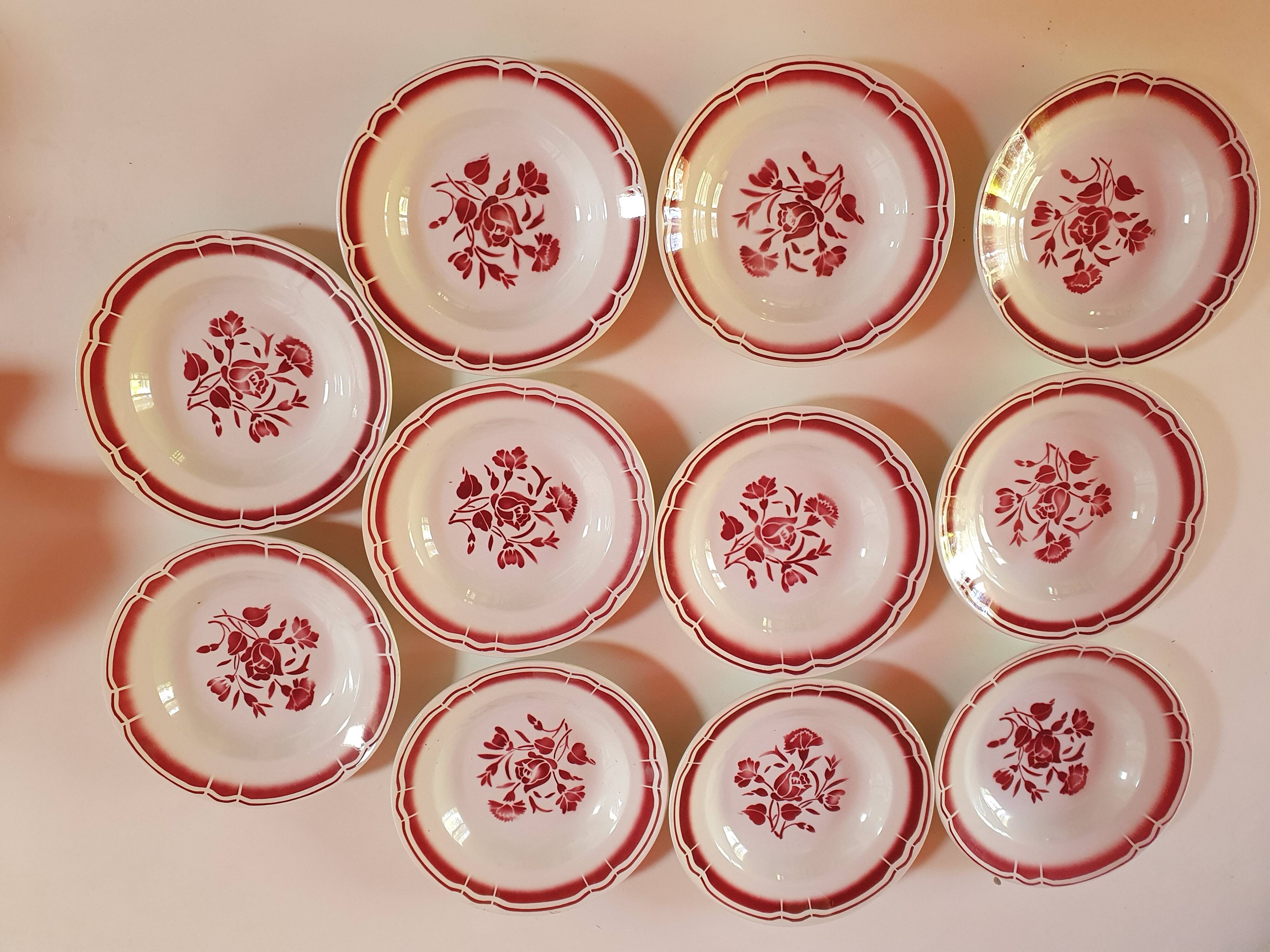 set of 11 vintage soup plates with red flowers