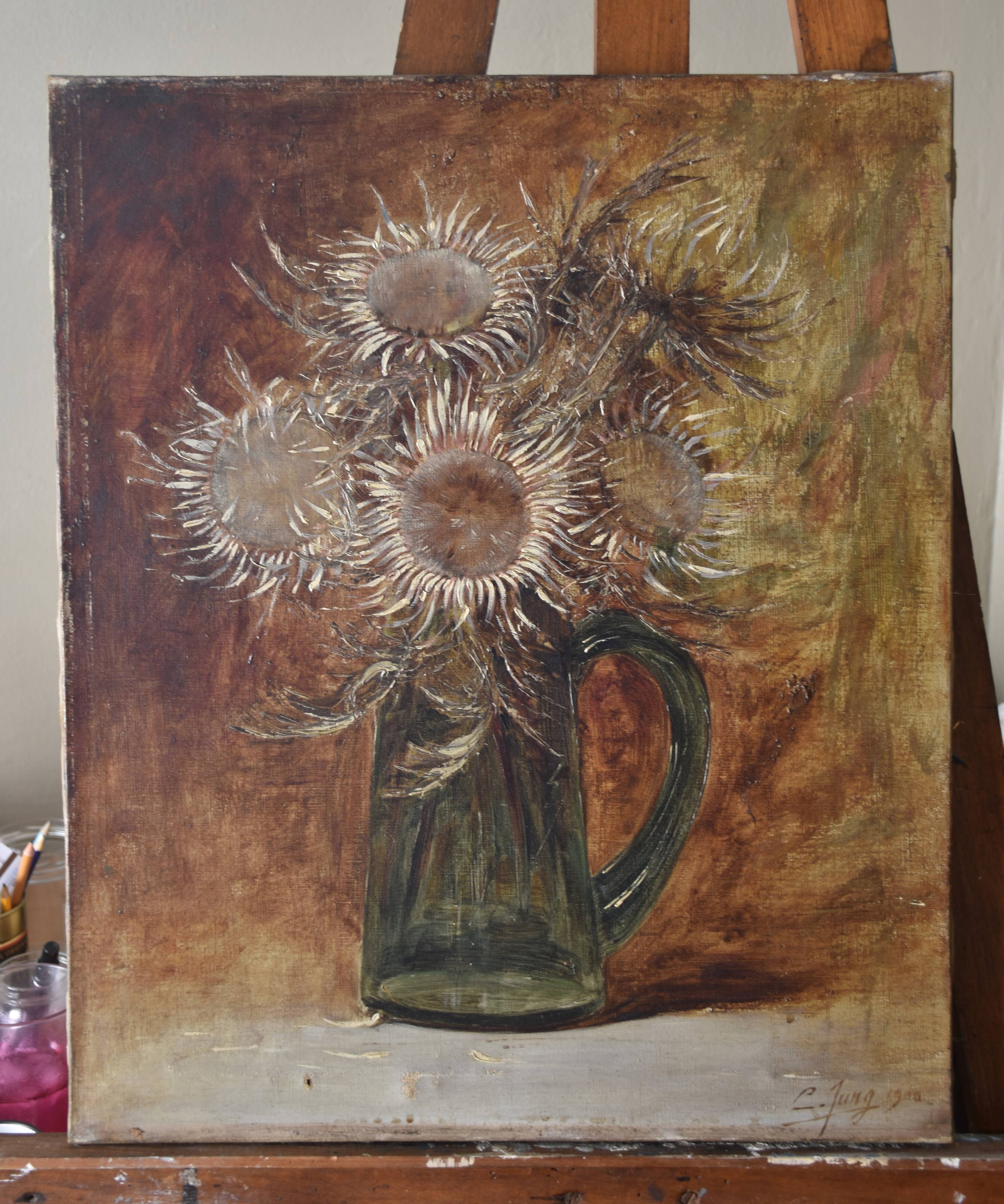 Charles Jung, Thistles in a Green Glass Jug (1900)