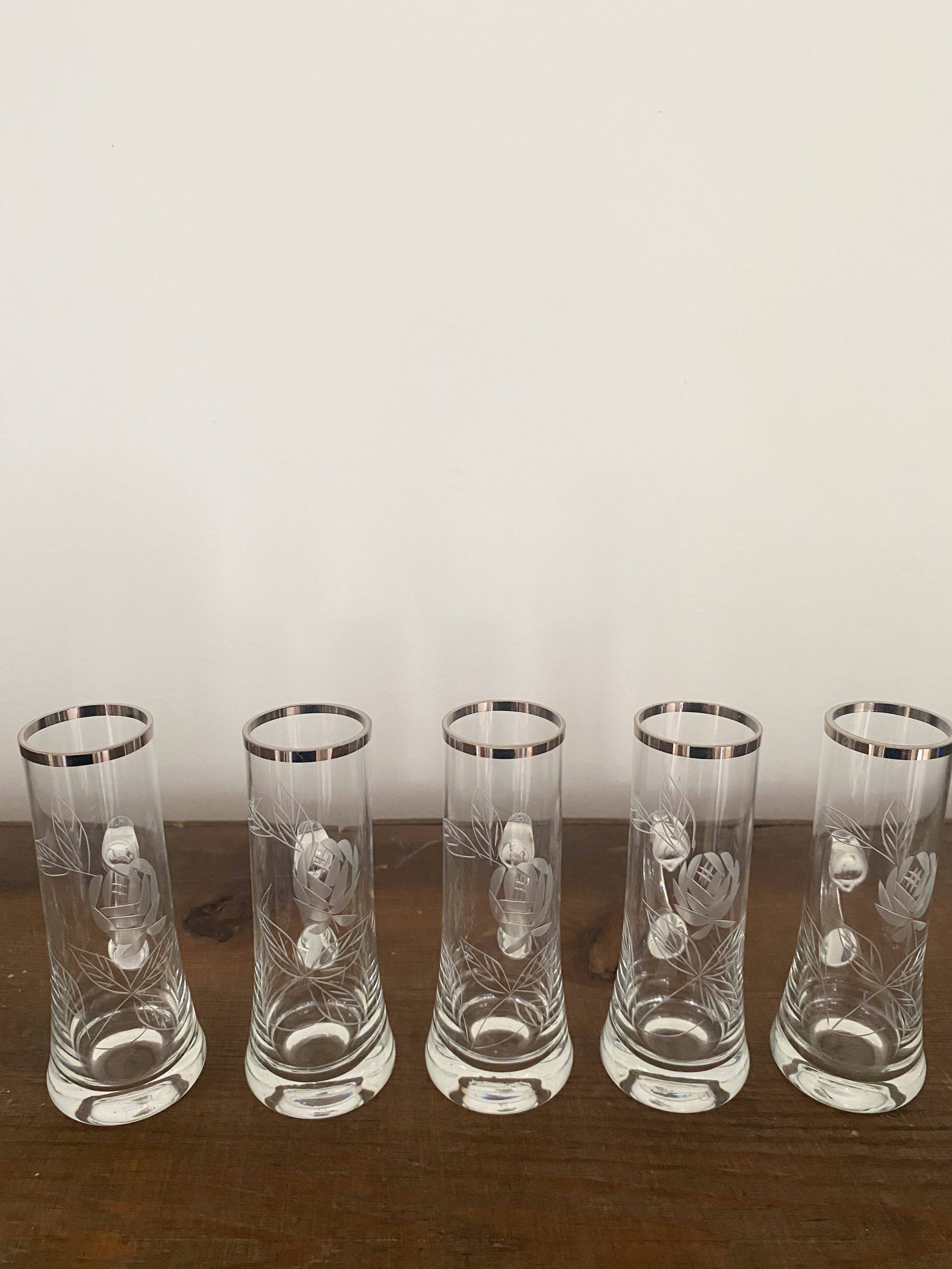 5 vintage shot, liqueur, digestive glasses, with transparent glass handle engraved with a rose