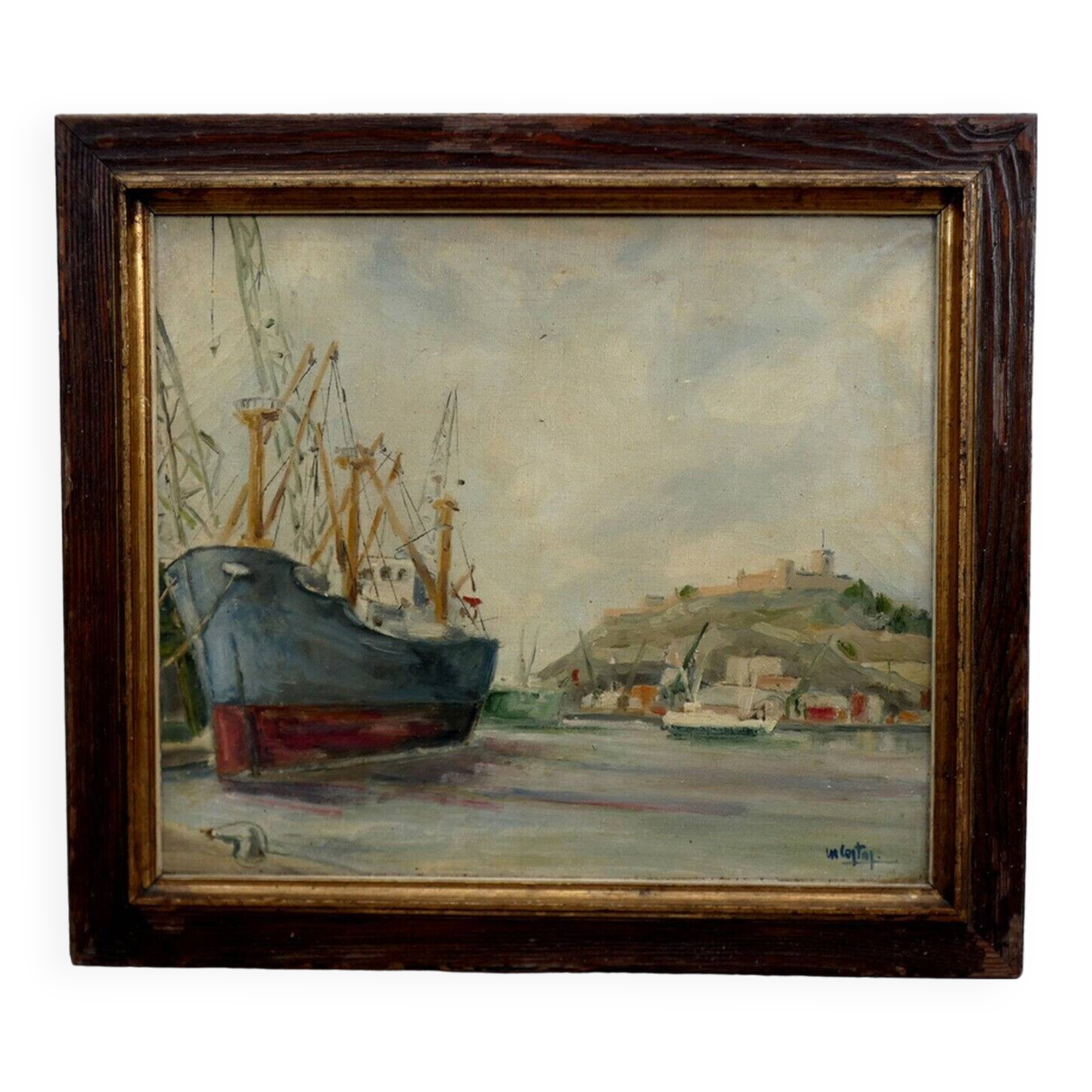 Original Impressionist Landscape Oil on Board Boats in Harbor