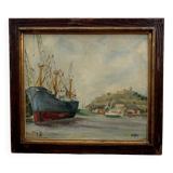 Original Impressionist Landscape Oil on Board Boats in Harbor