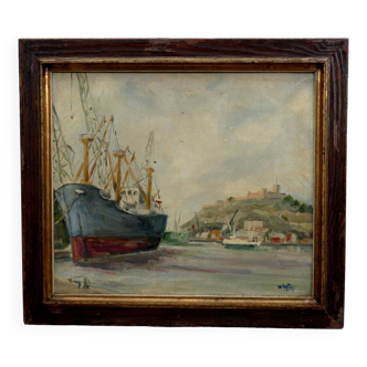 Original Impressionist Landscape Oil on Board Boats in Harbor