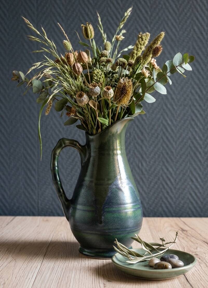 Vintage ceramic pitcher vase in glazed green and blue.