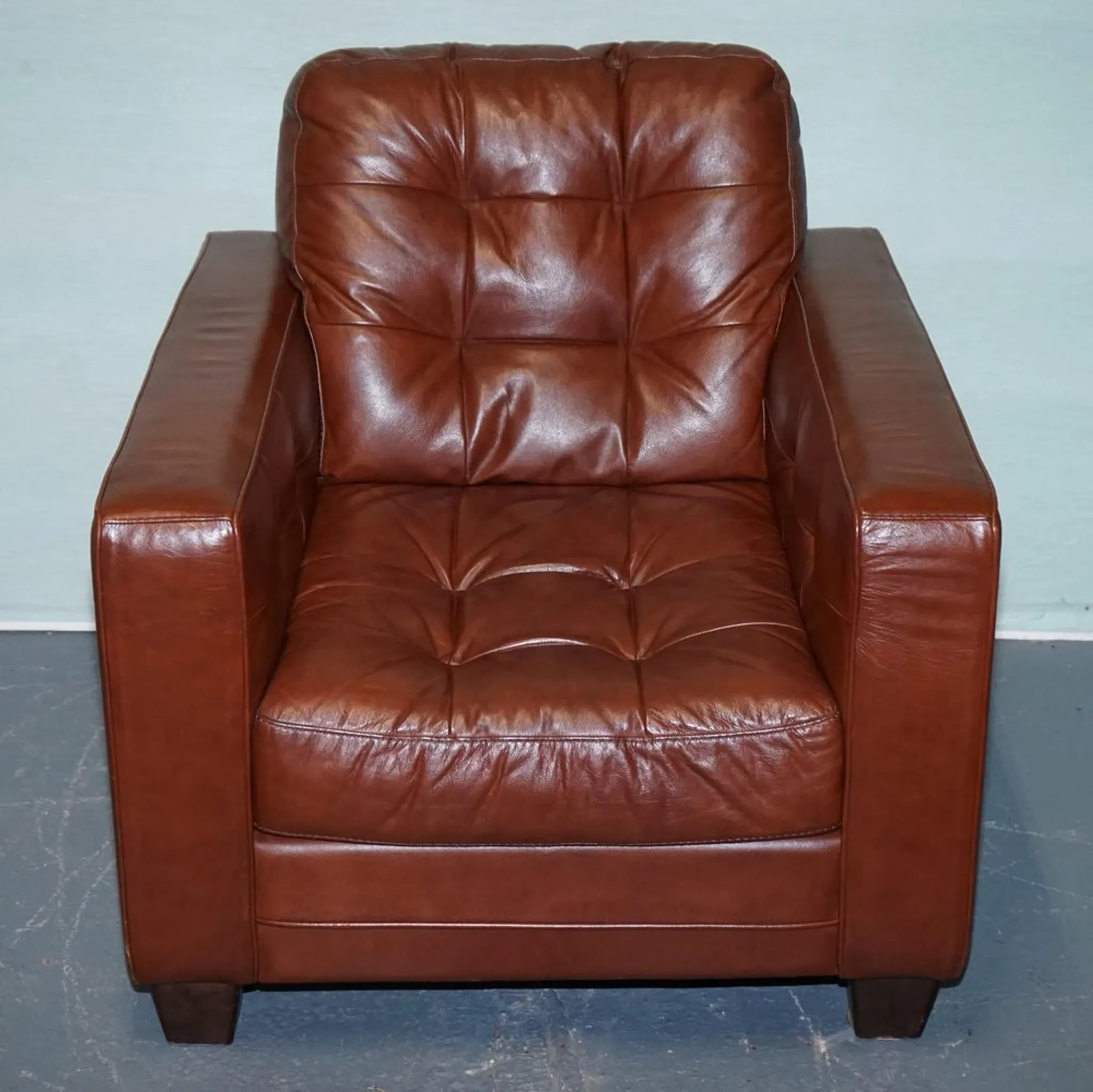Vintage Minimalist Brown Leather Buttoned Armchair