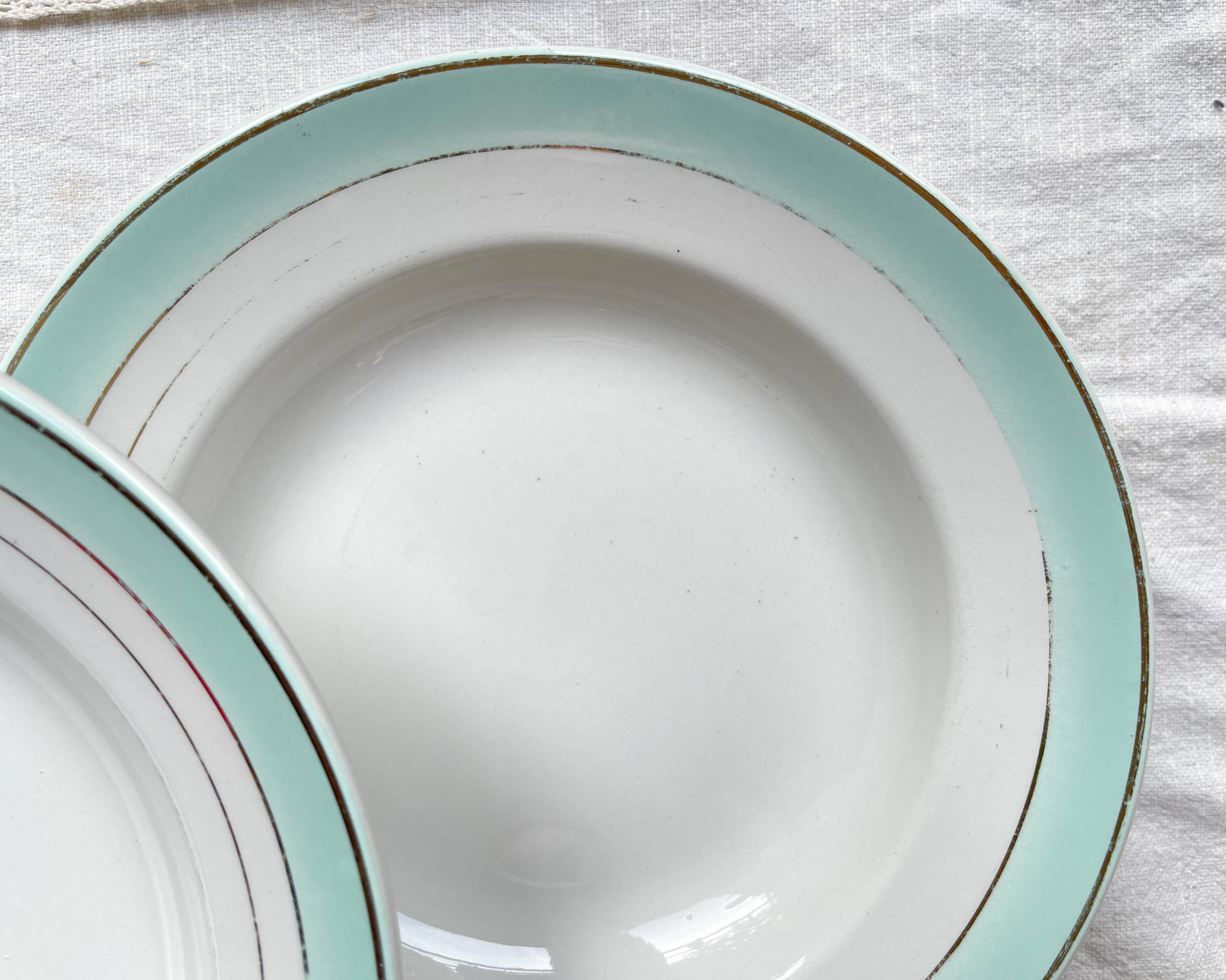 6 vintage LUNEVILLE earthenware soup plates, white, green and gold