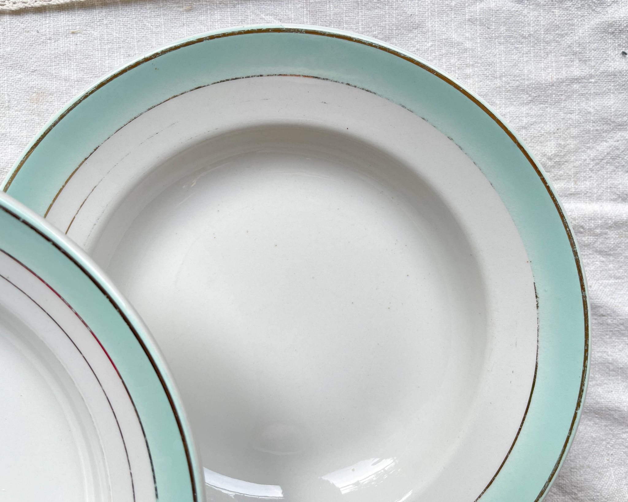 6 vintage LUNEVILLE earthenware soup plates, white, green and gold