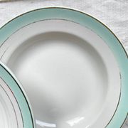 6 vintage LUNEVILLE earthenware soup plates, white, green and gold