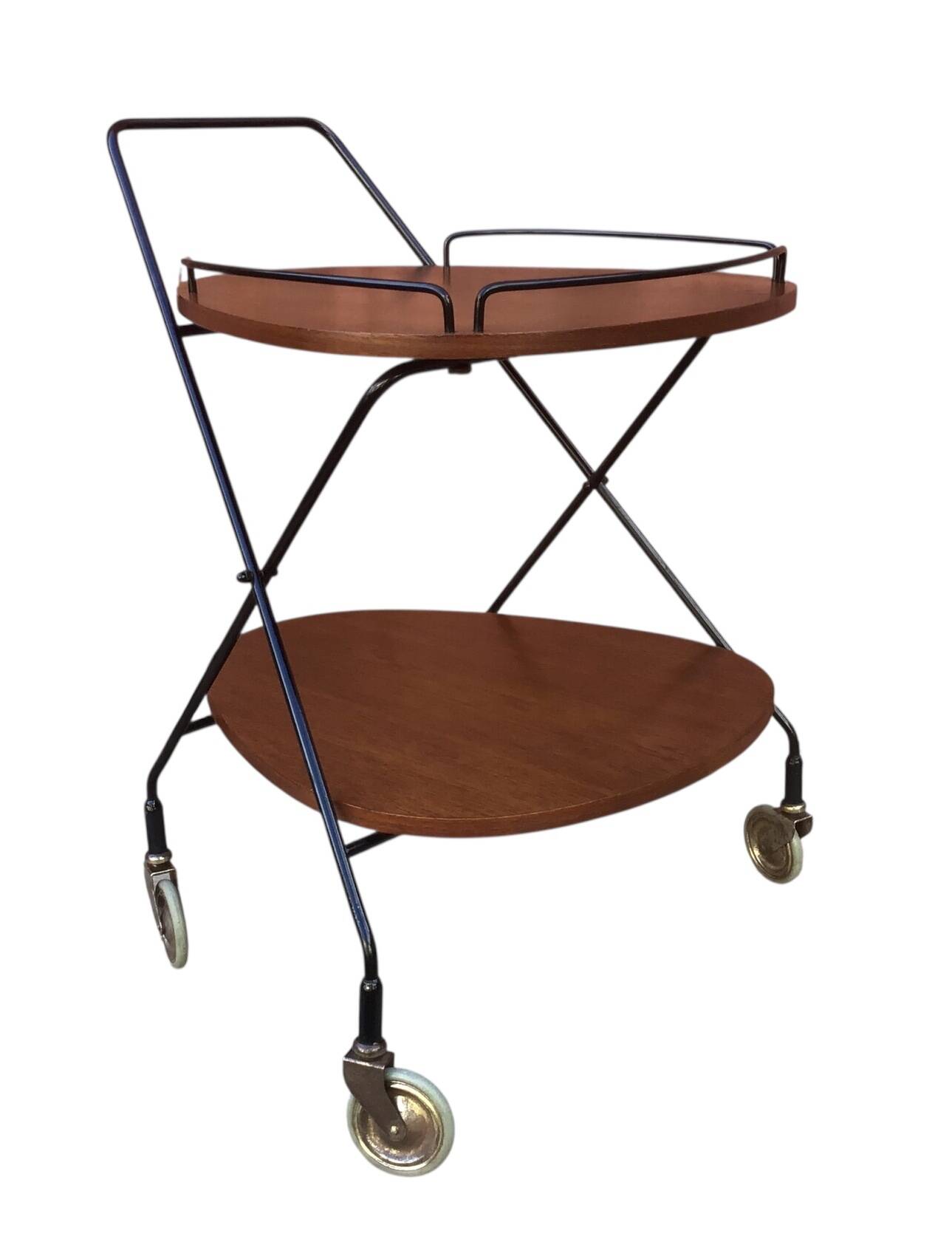 Vintage Scandinavian serving trolley in teak and metal, metal wheels, 1960s