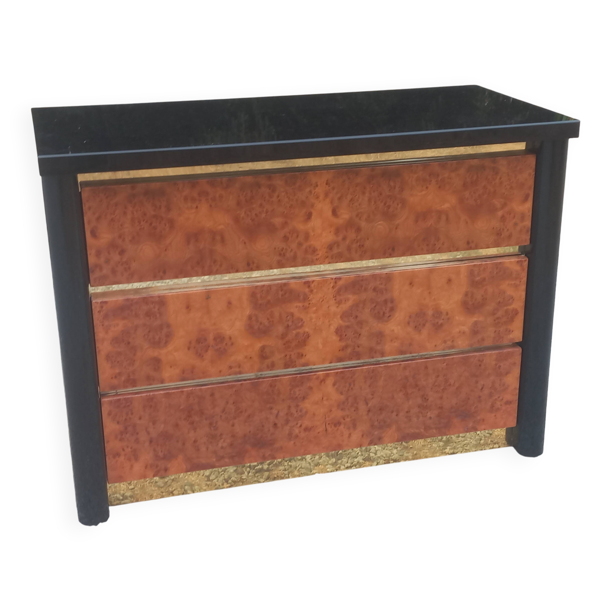 Roche Bobois Mahey black lacquer and burl commode with 3 drawers.