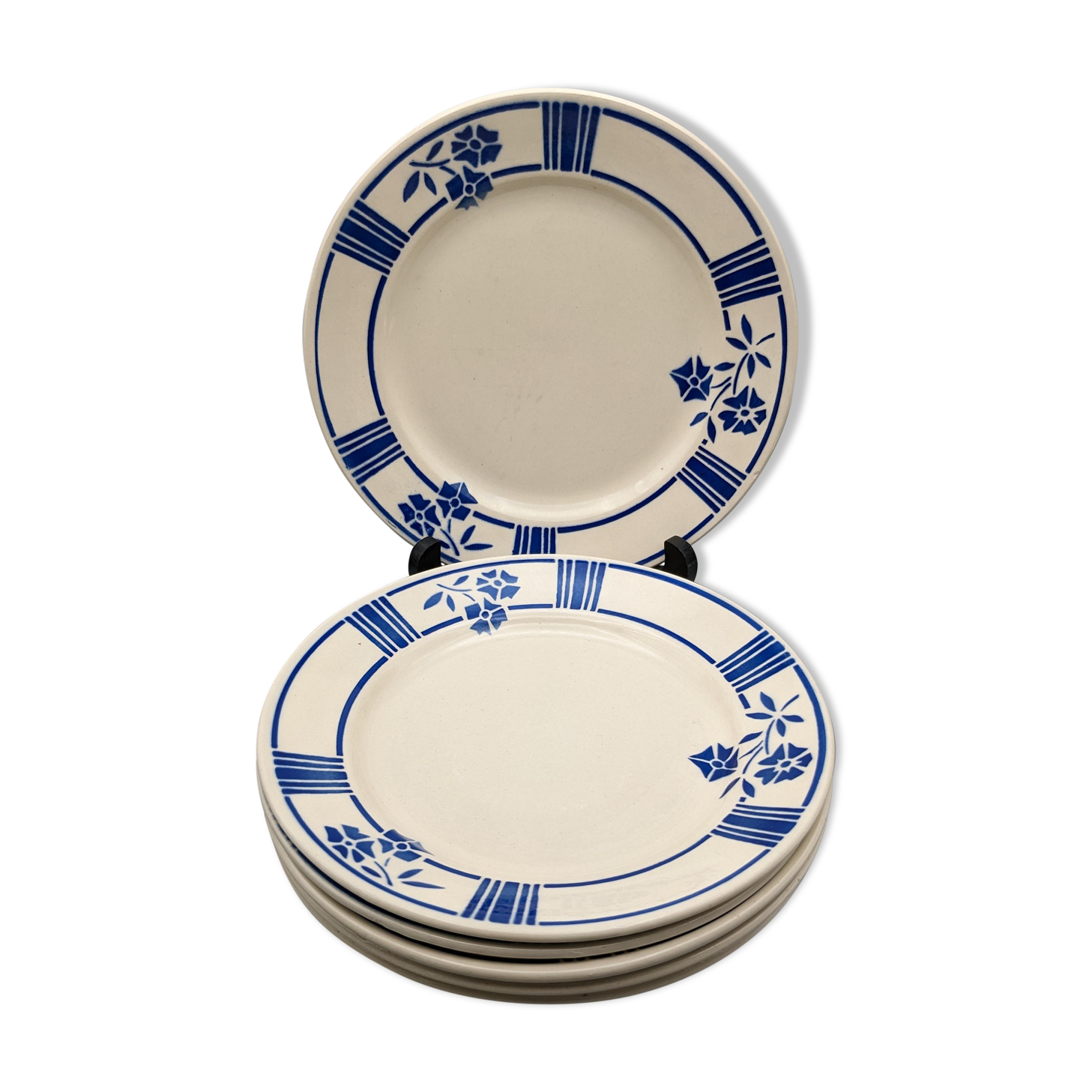 Series of 6 vintage plates demi-porcelaine badonviller art deco blue flowers