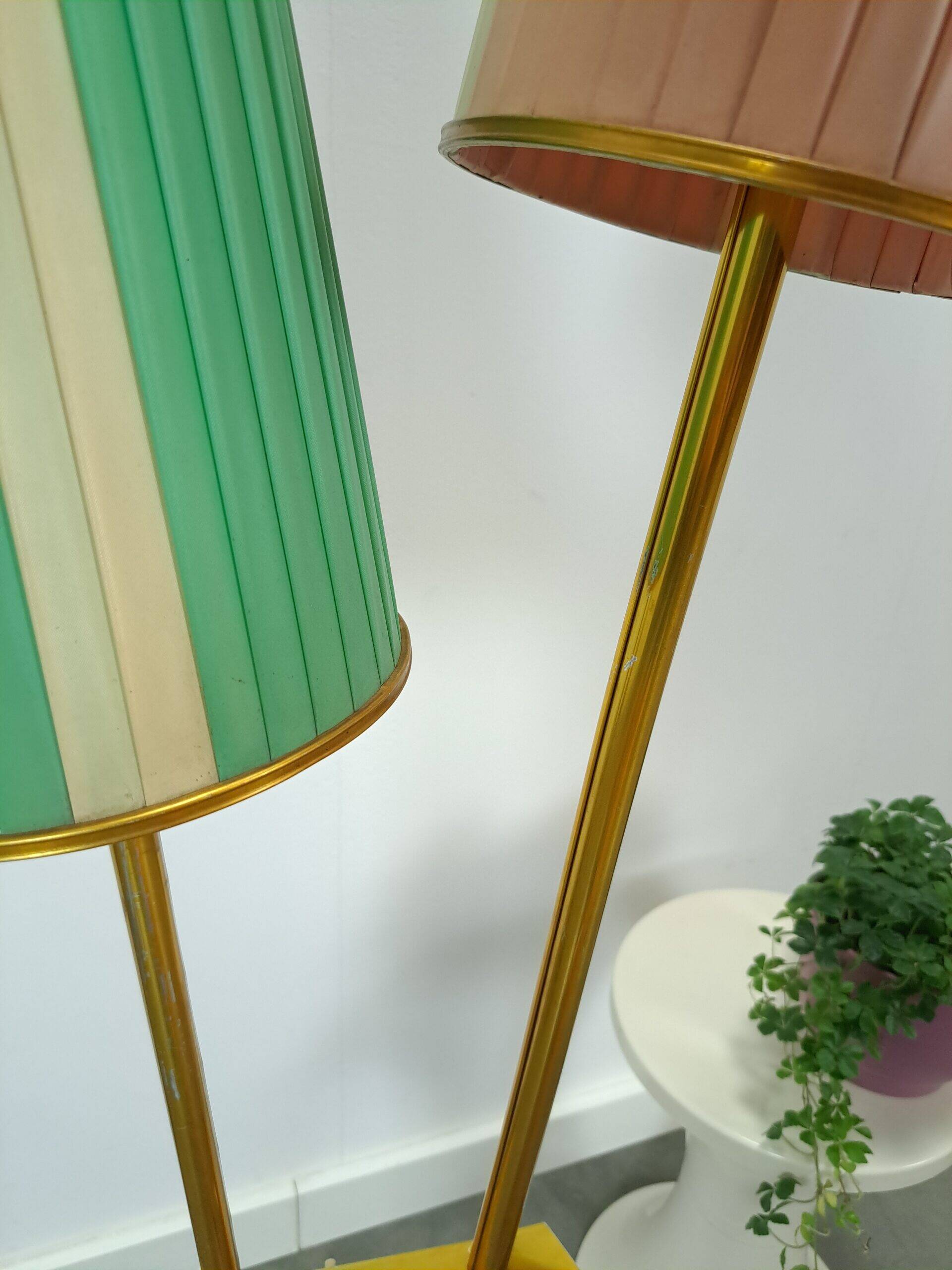 1950s floor lamp with pink and green shade and gold-coloured legs