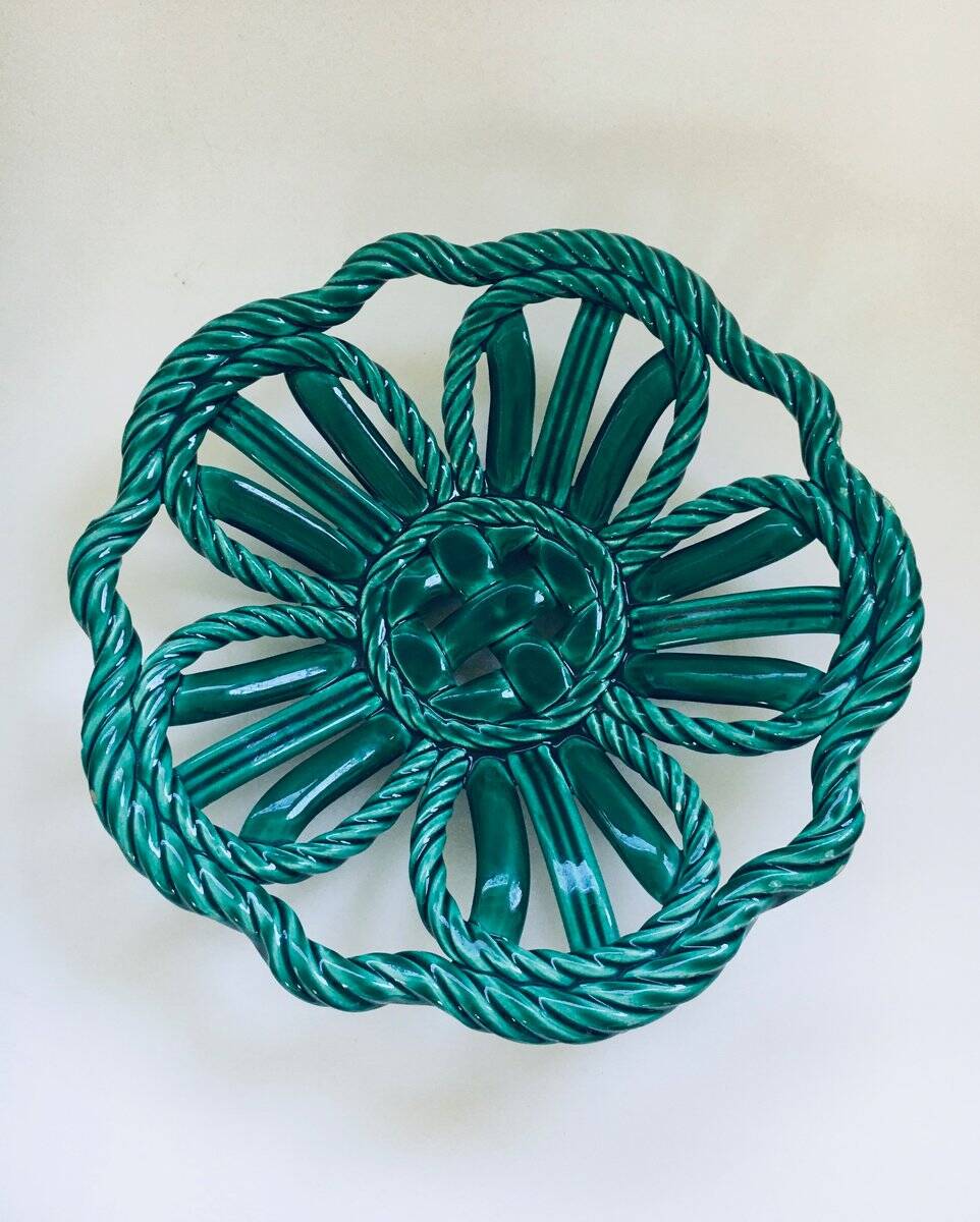 Mid-century Modern Art Ceramics Green Braided Woven Bowl by Vallauris, 1950s