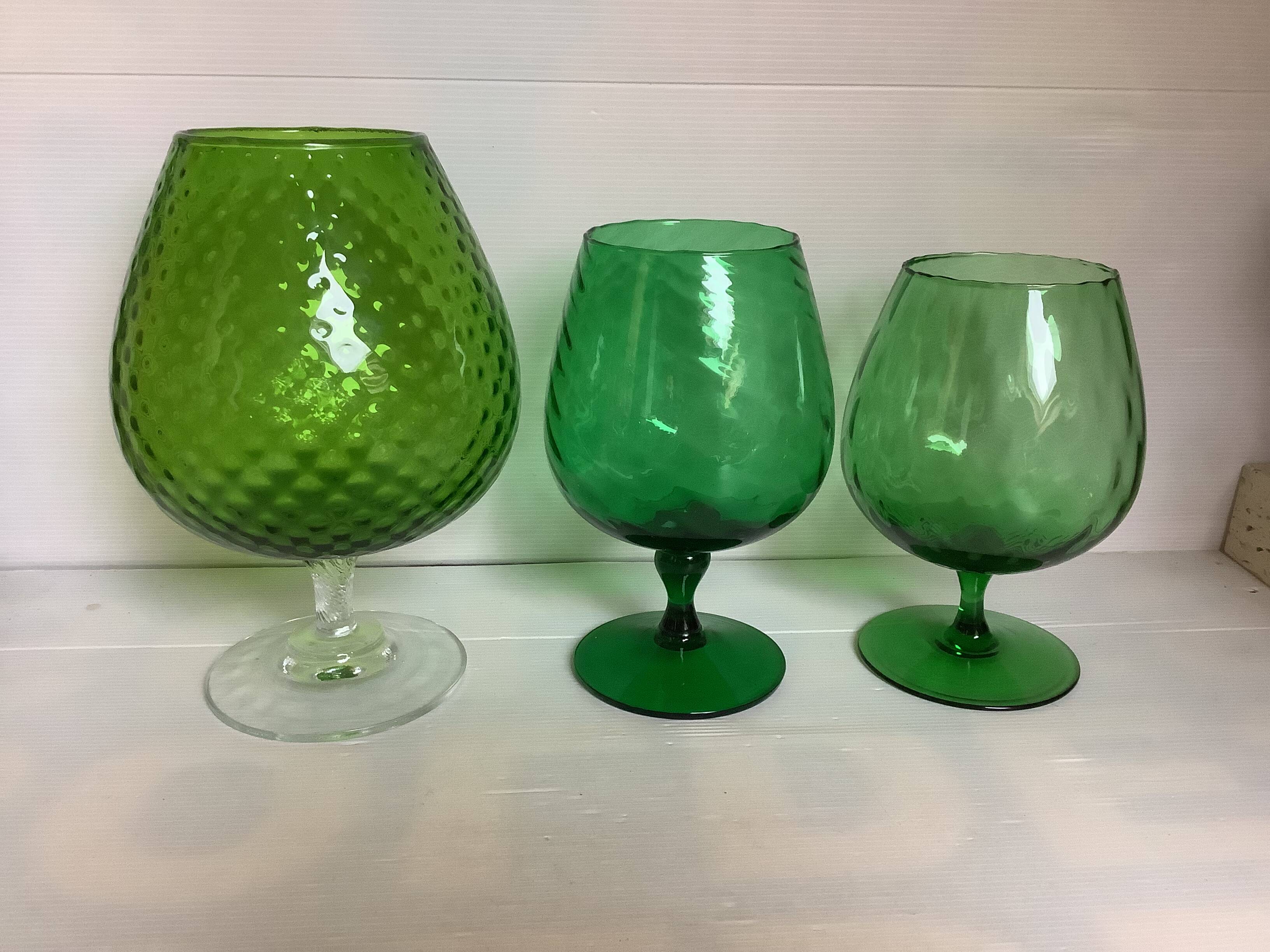 Trio of green glass vases Empoli Italy