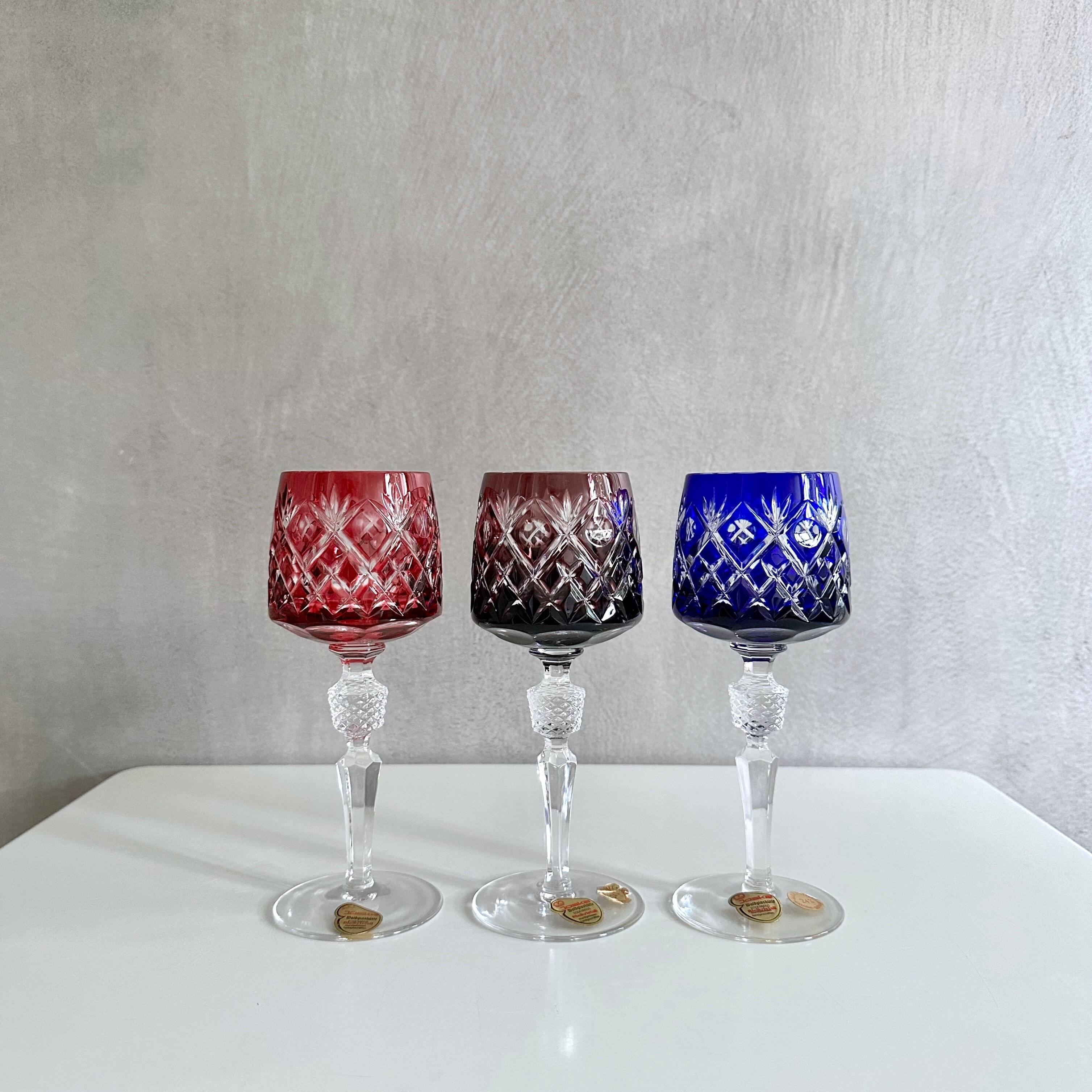 Set of 3 JOSKA lead crystal glasses, coloured wine glasses