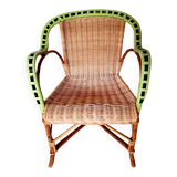 50s/60s rattan armchair with black apple green edging