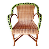 1950s 60s rattan armchair with green apple and black piping.