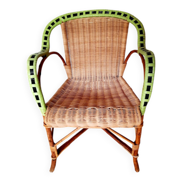 1950s 60s rattan armchair with green apple and black piping.