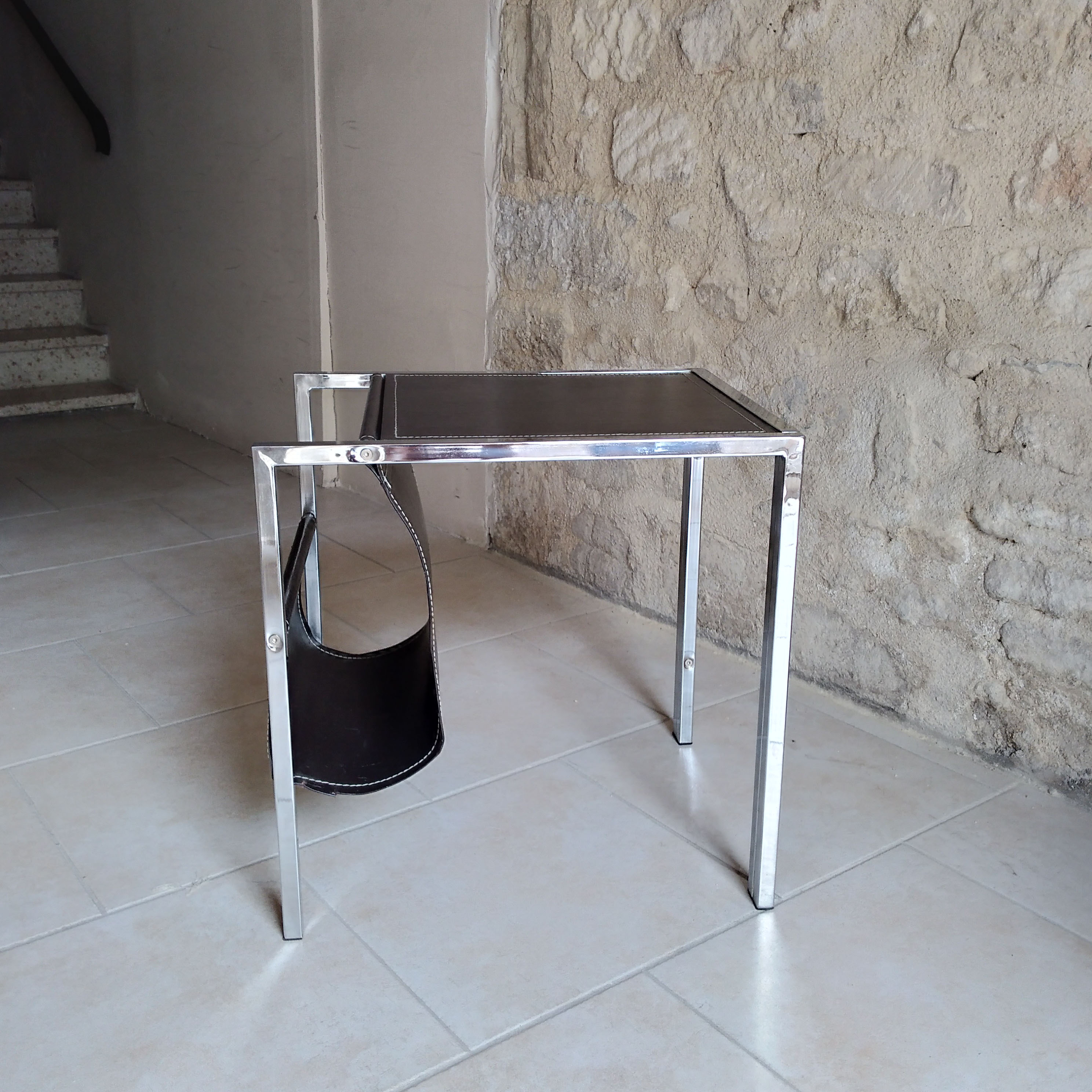 Leather and steel side table 1970