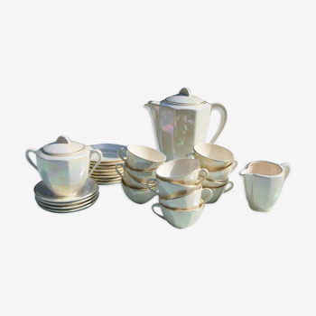 Badonviller pearly white coffee service and golden borders made in France in half-porcelain