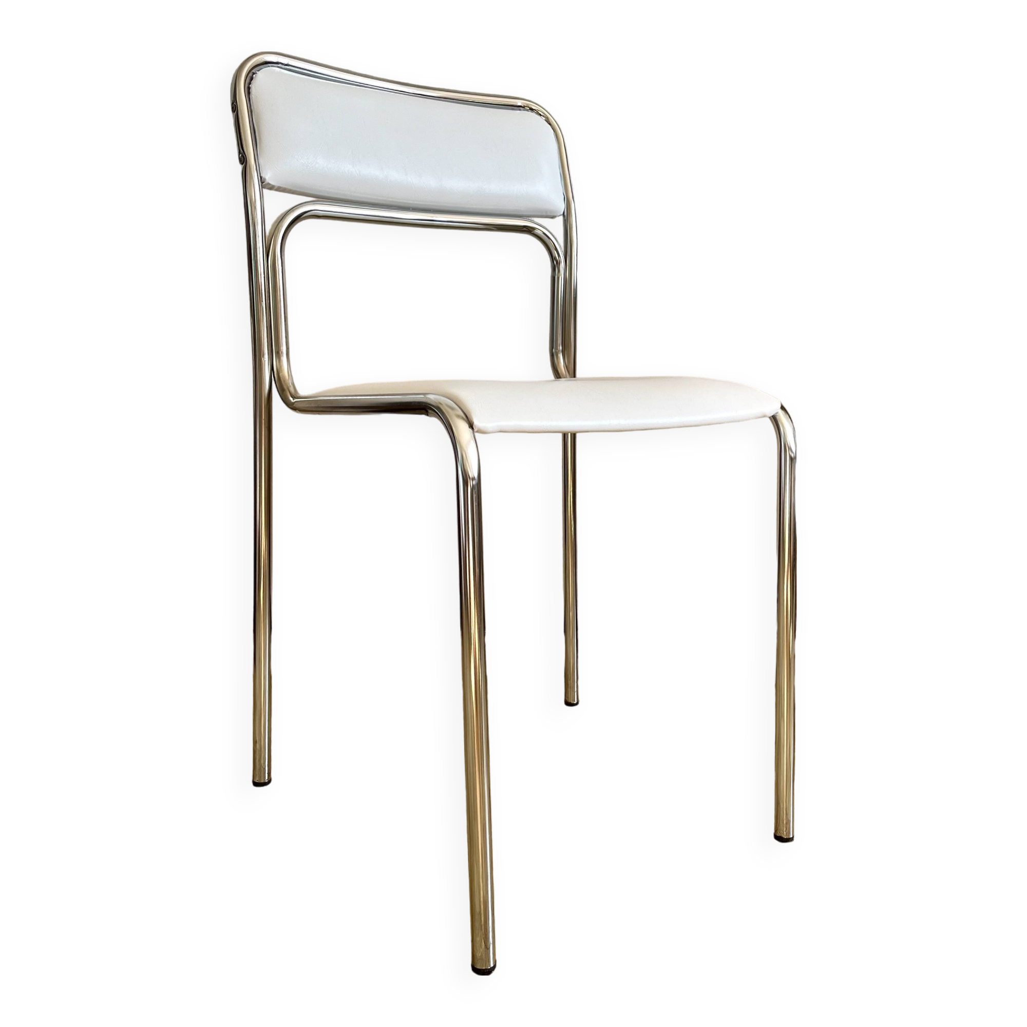 Designer tubular steel and white Skai chair, 1970s