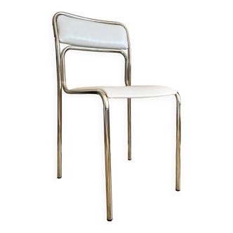Designer tubular steel and white Skai chair, 1970s