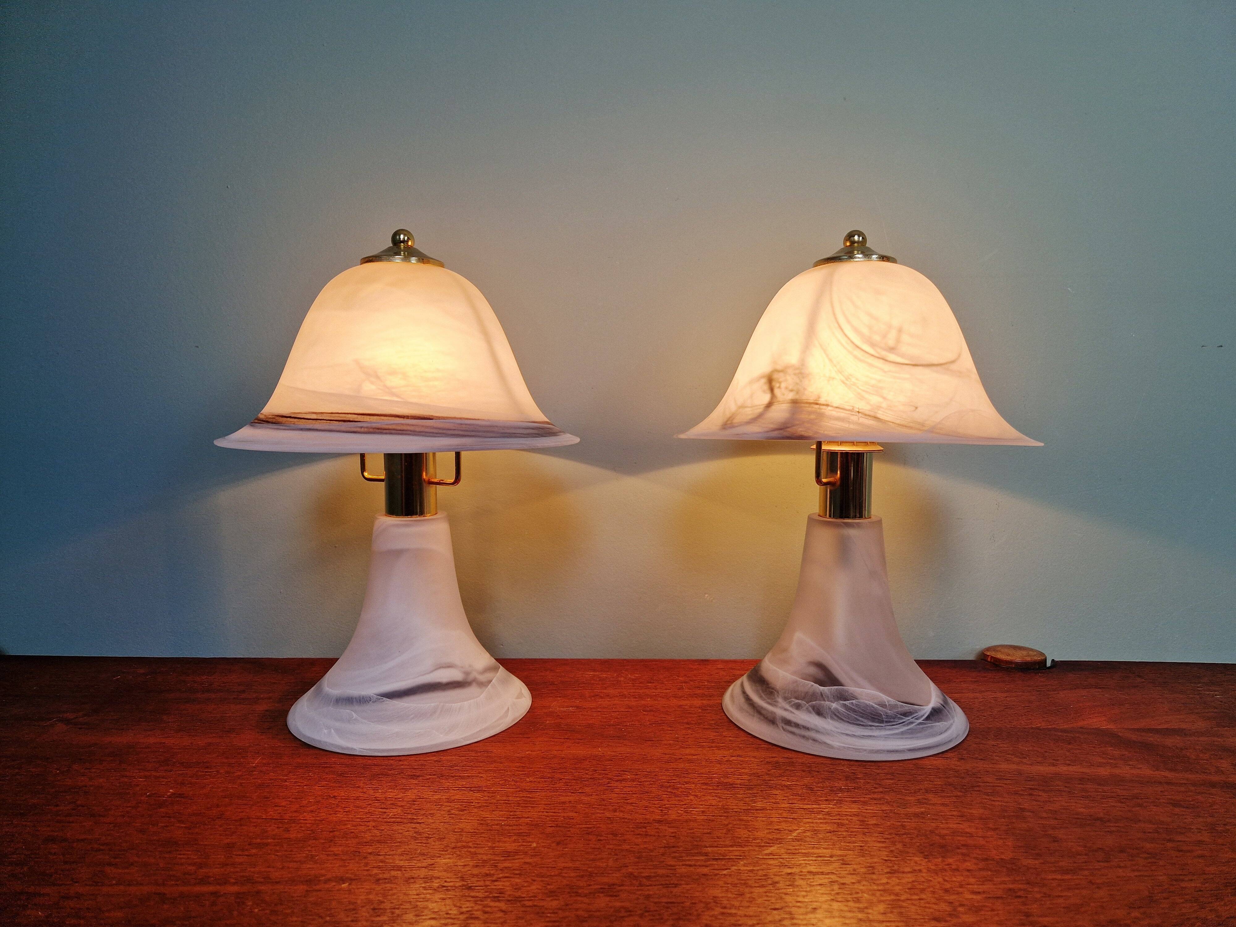Pair of marbled Murano glass mushroom lamps, 1970s-80s.