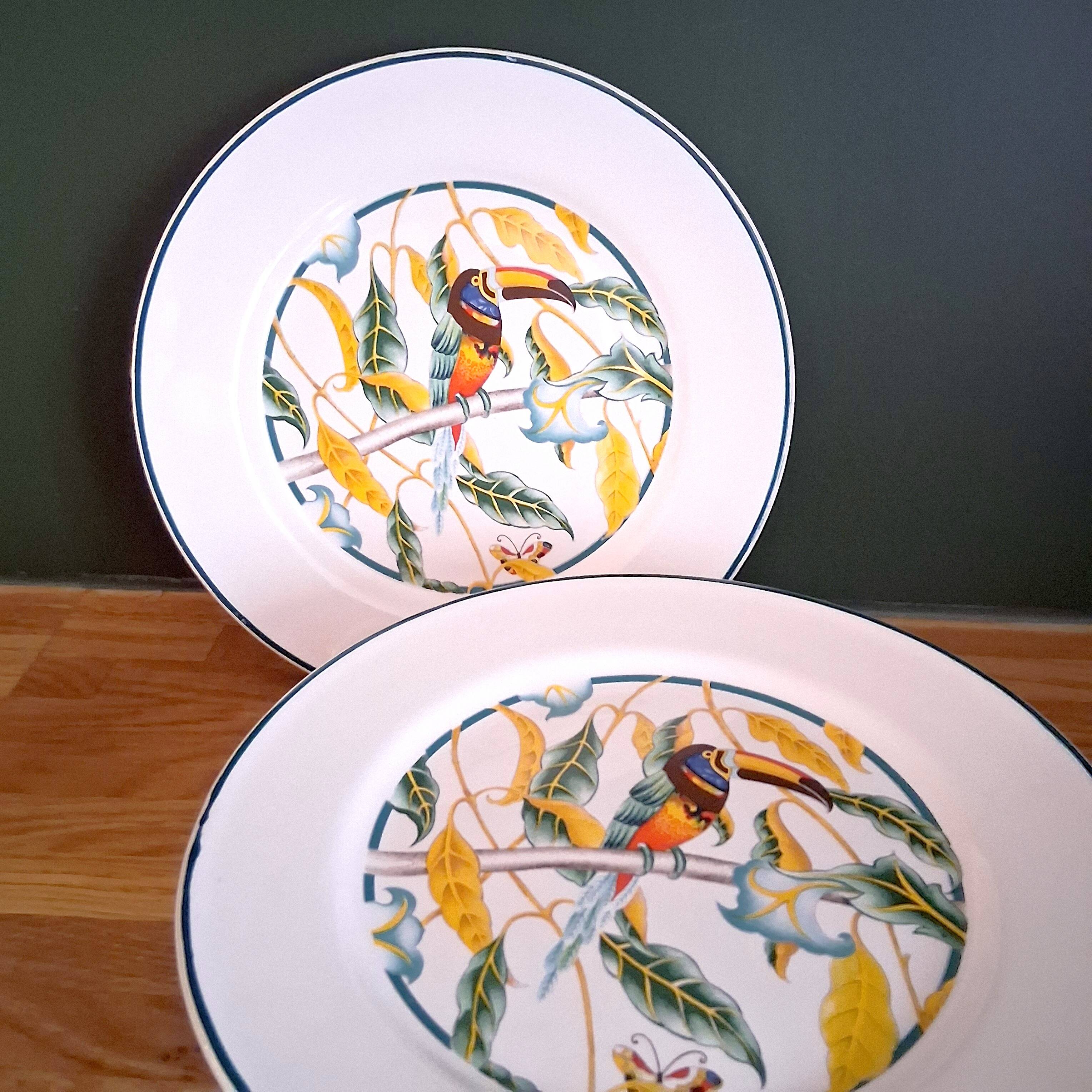 6 antique dessert plates with Toucan decor