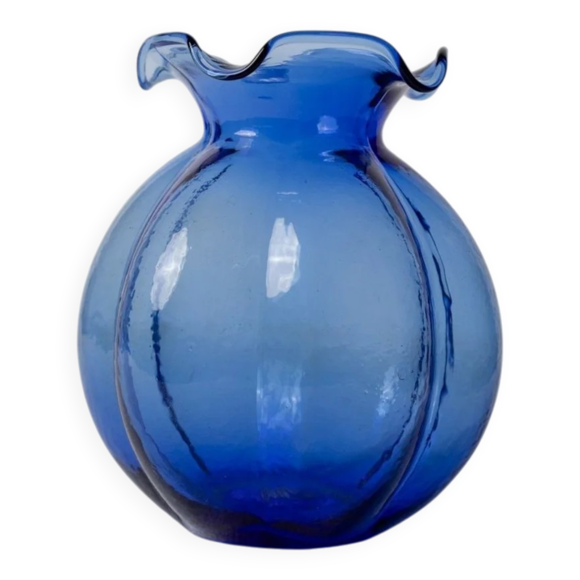 Cobalt Blue Hazel Atlas Glass Vase, 1930s Bulbous Form with Ruffled Lip and Embossed Underside