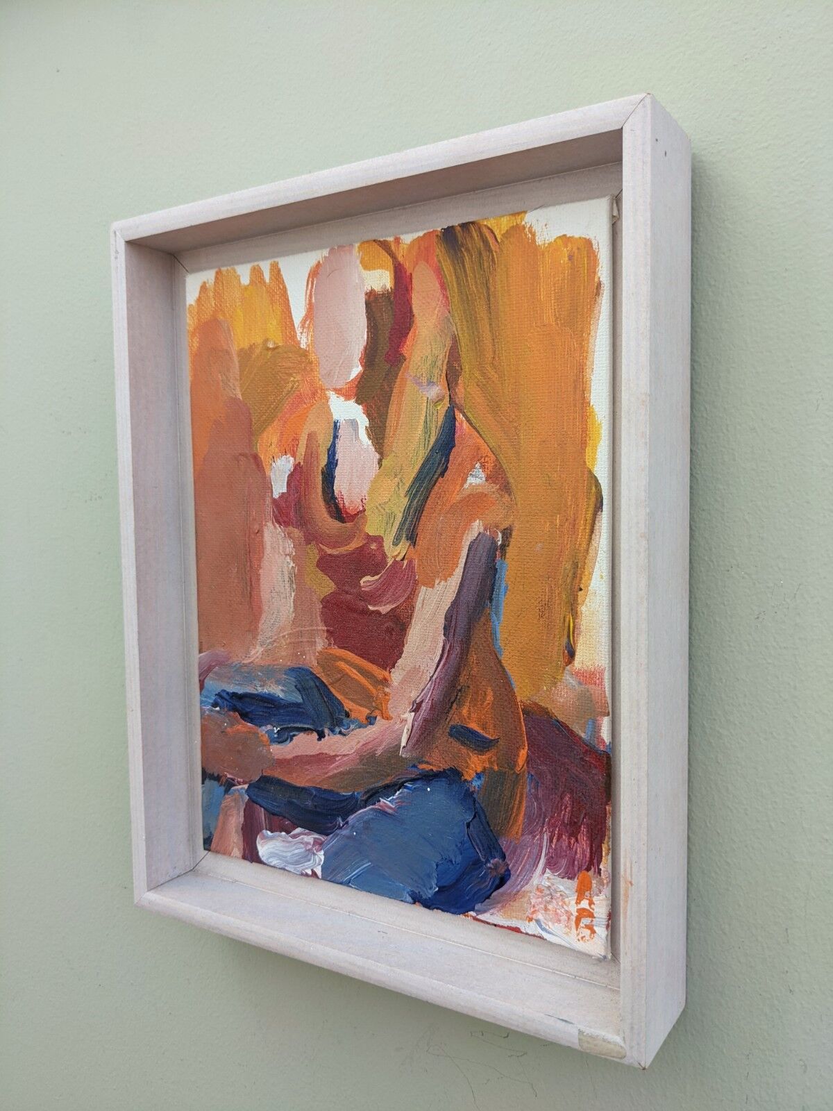 Mid-Century Modern "Seated in Orange" Swedish Vintage Abstract Portrait Oil Painting, Framed