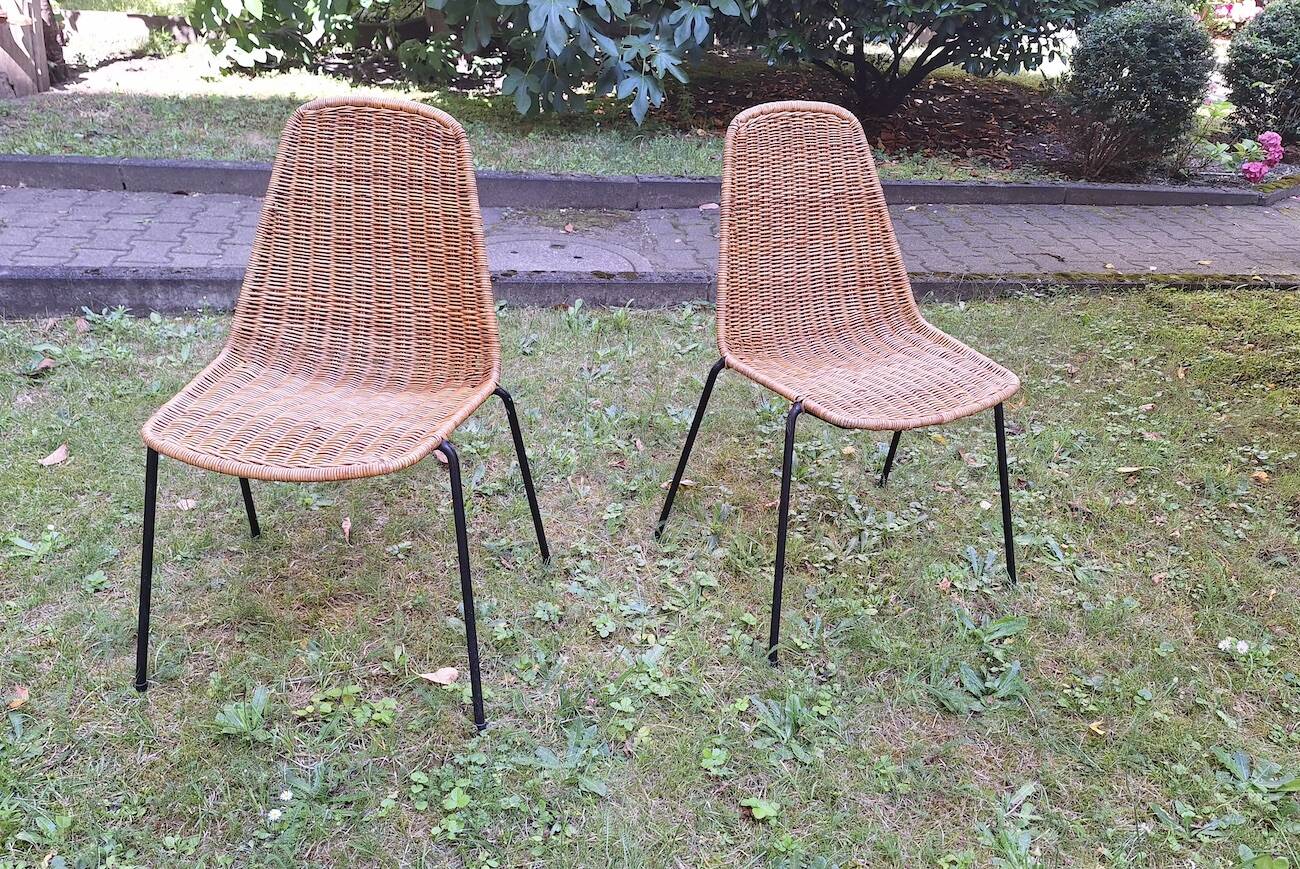 Pair of Legler rattan and iron dining / stacking chairs, Switzerland 1960s